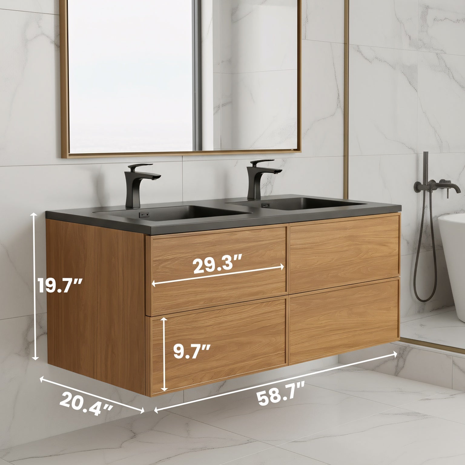 60" Honey Gold Walnut Wall Mount Double Sink Bathroom Vanity with Black Engineered Quartz Countertop-Migration_Bathroom Vanities-DECOROLALA
