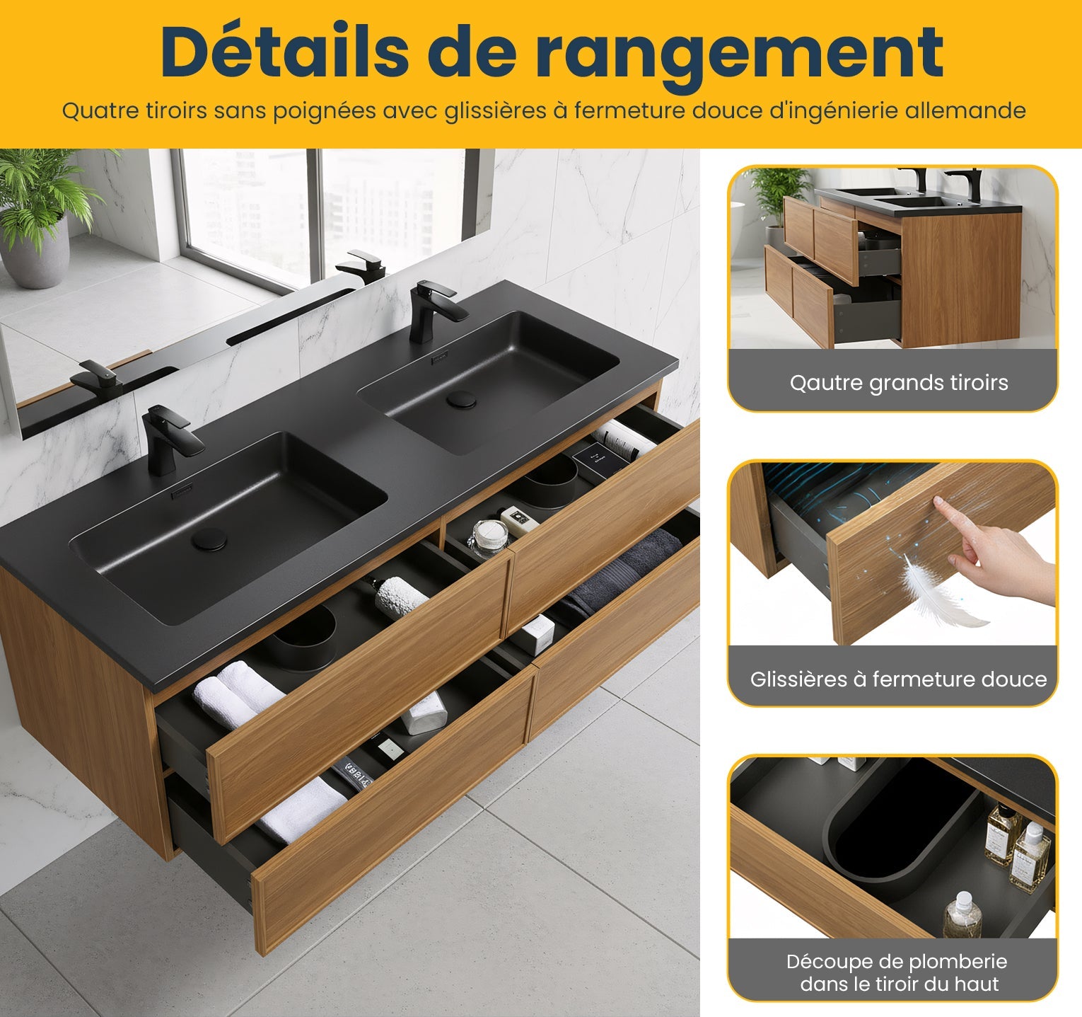 60" Honey Gold Walnut Wall Mount Double Sink Bathroom Vanity with Black Engineered Quartz Countertop-Migration_Bathroom Vanities-DECOROLALA