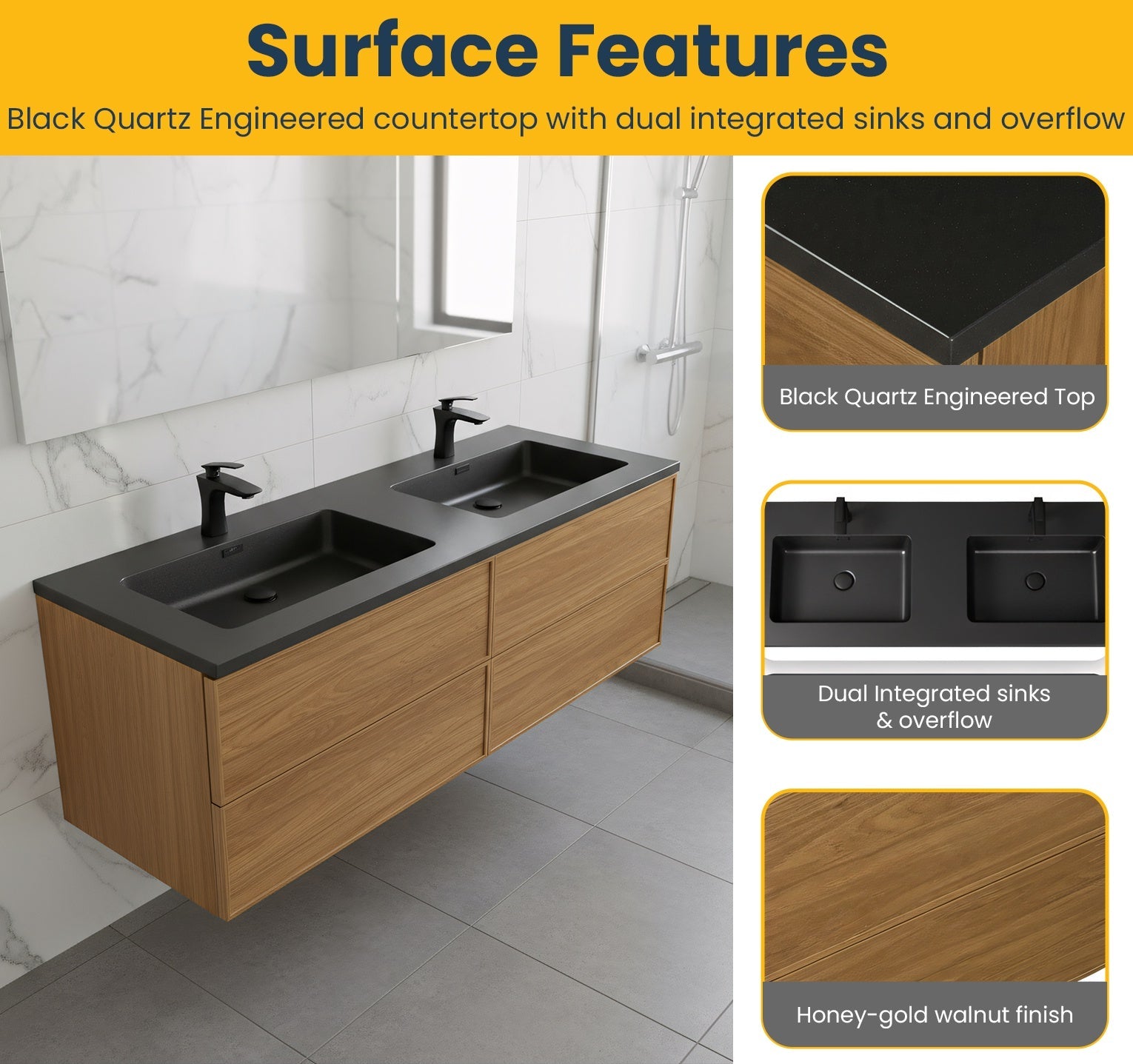 60" Honey Gold Walnut Wall Mount Double Sink Bathroom Vanity with Black Engineered Quartz Countertop-Migration_Bathroom Vanities-DECOROLALA
