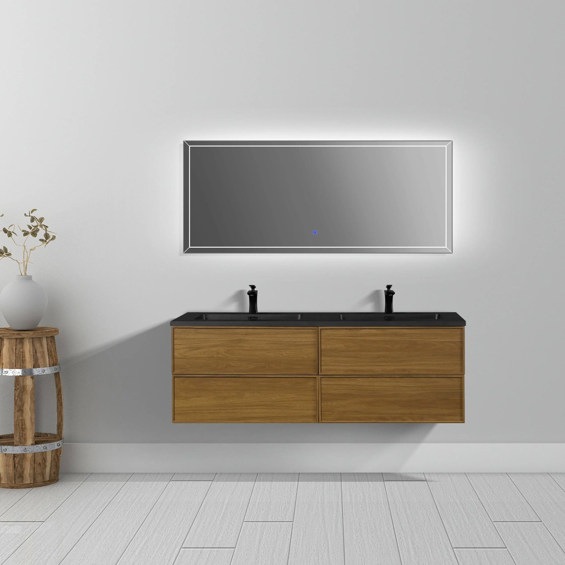 60" Honey Gold Walnut Wall Mount Double Sink Bathroom Vanity with Black Engineered Quartz Countertop-Migration_Bathroom Vanities-DECOROLALA