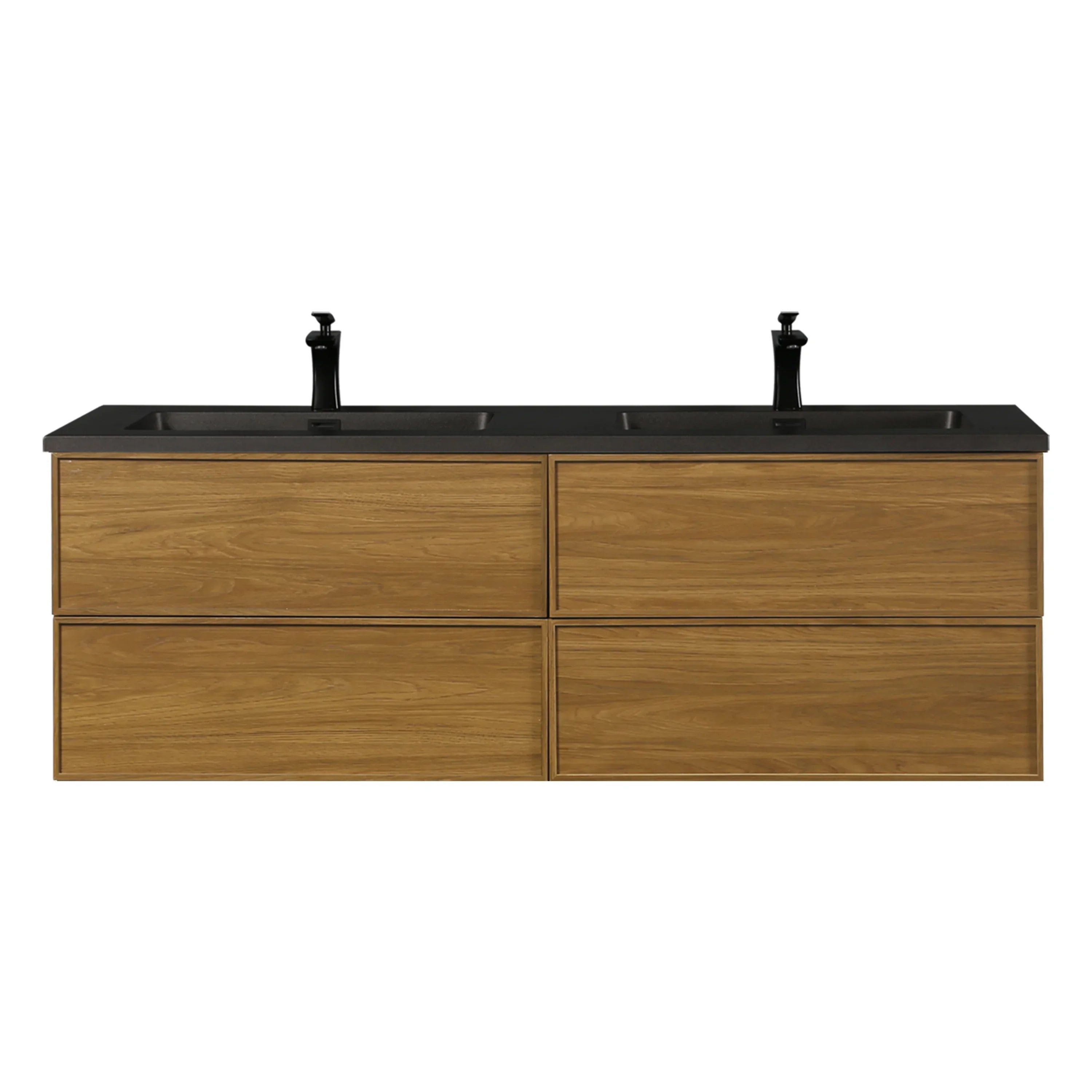 60" Honey Gold Walnut Wall Mount Double Sink Bathroom Vanity with Black Engineered Quartz Countertop-Migration_Bathroom Vanities-DECOROLALA