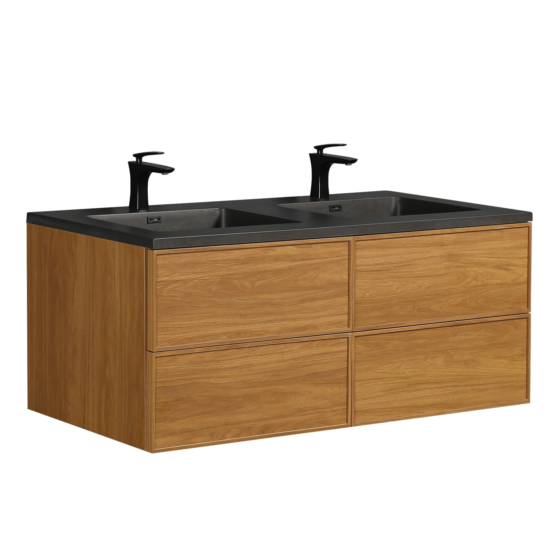 60" Honey Gold Walnut Wall Mount Double Sink Bathroom Vanity with Black Engineered Quartz Countertop-Migration_Bathroom Vanities-DECOROLALA