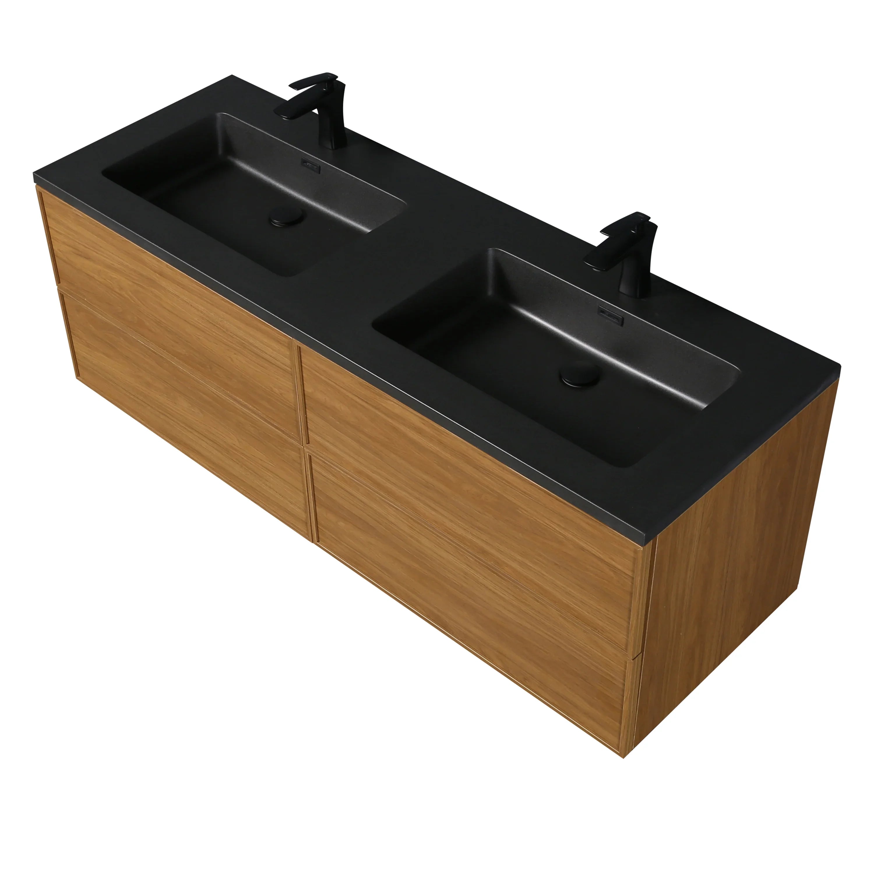 60" Honey Gold Walnut Wall Mount Double Sink Bathroom Vanity with Black Engineered Quartz Countertop-Migration_Bathroom Vanities-DECOROLALA