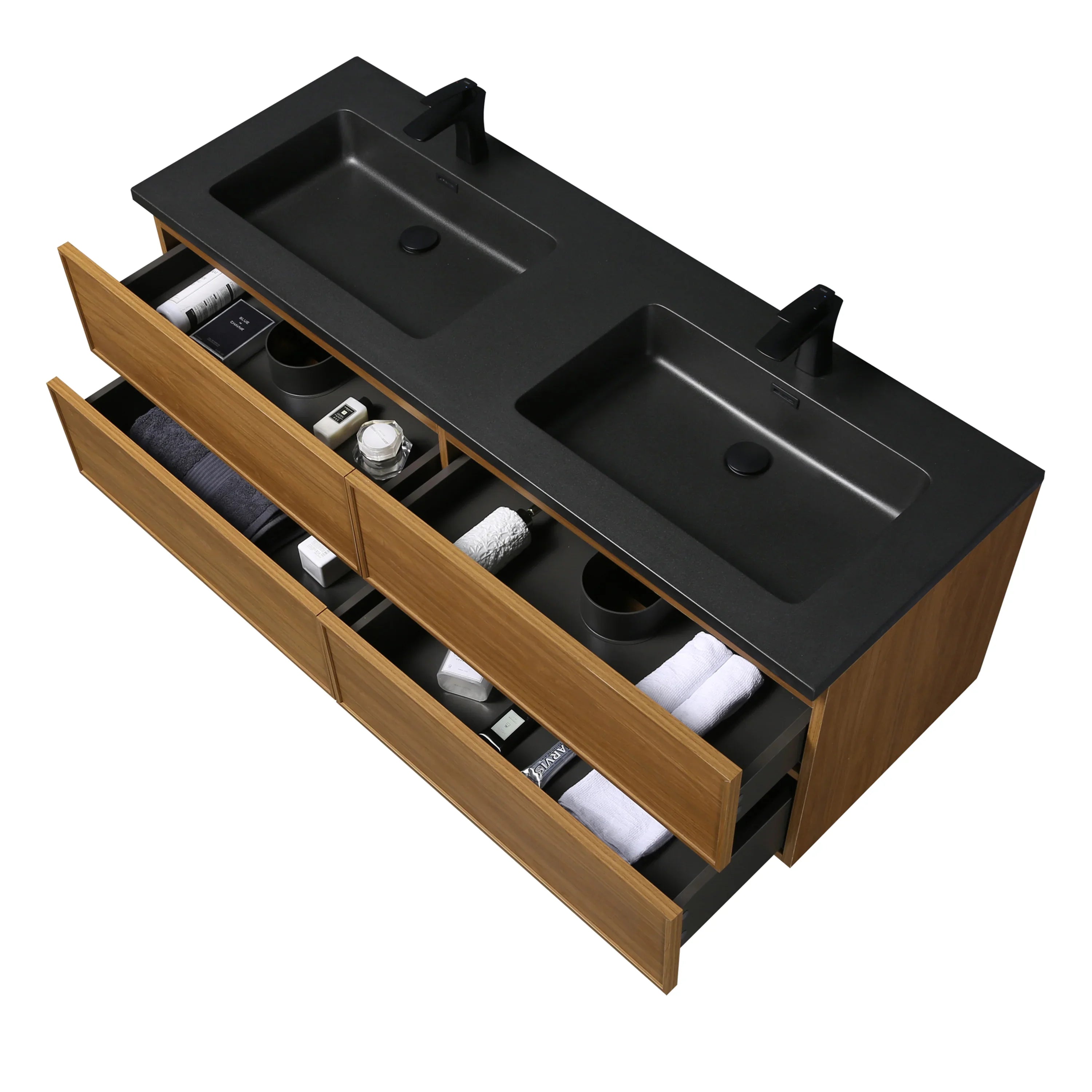 60" Honey Gold Walnut Wall Mount Double Sink Bathroom Vanity with Black Engineered Quartz Countertop-Migration_Bathroom Vanities-DECOROLALA