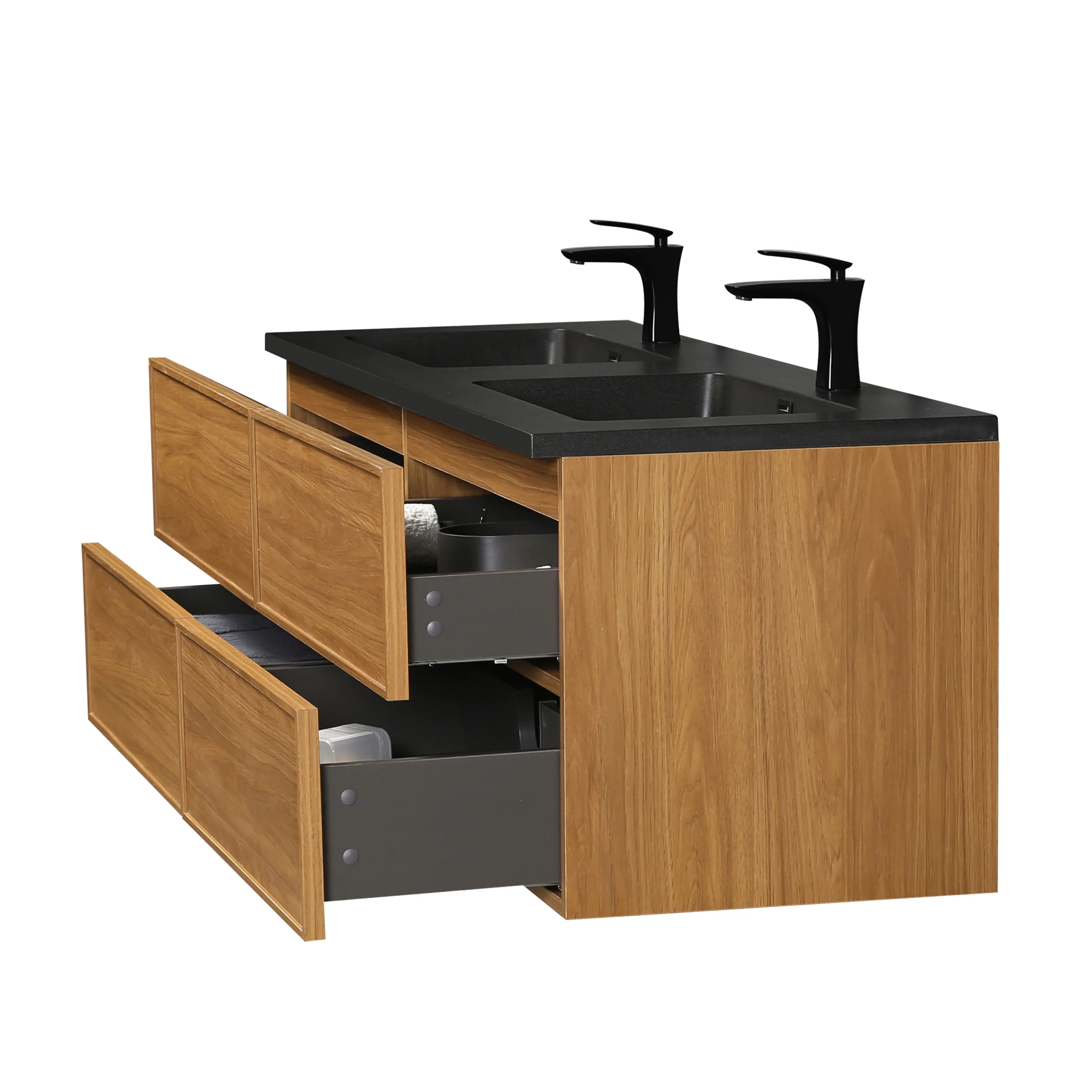 60" Honey Gold Walnut Wall Mount Double Sink Bathroom Vanity with Black Engineered Quartz Countertop-Migration_Bathroom Vanities-DECOROLALA