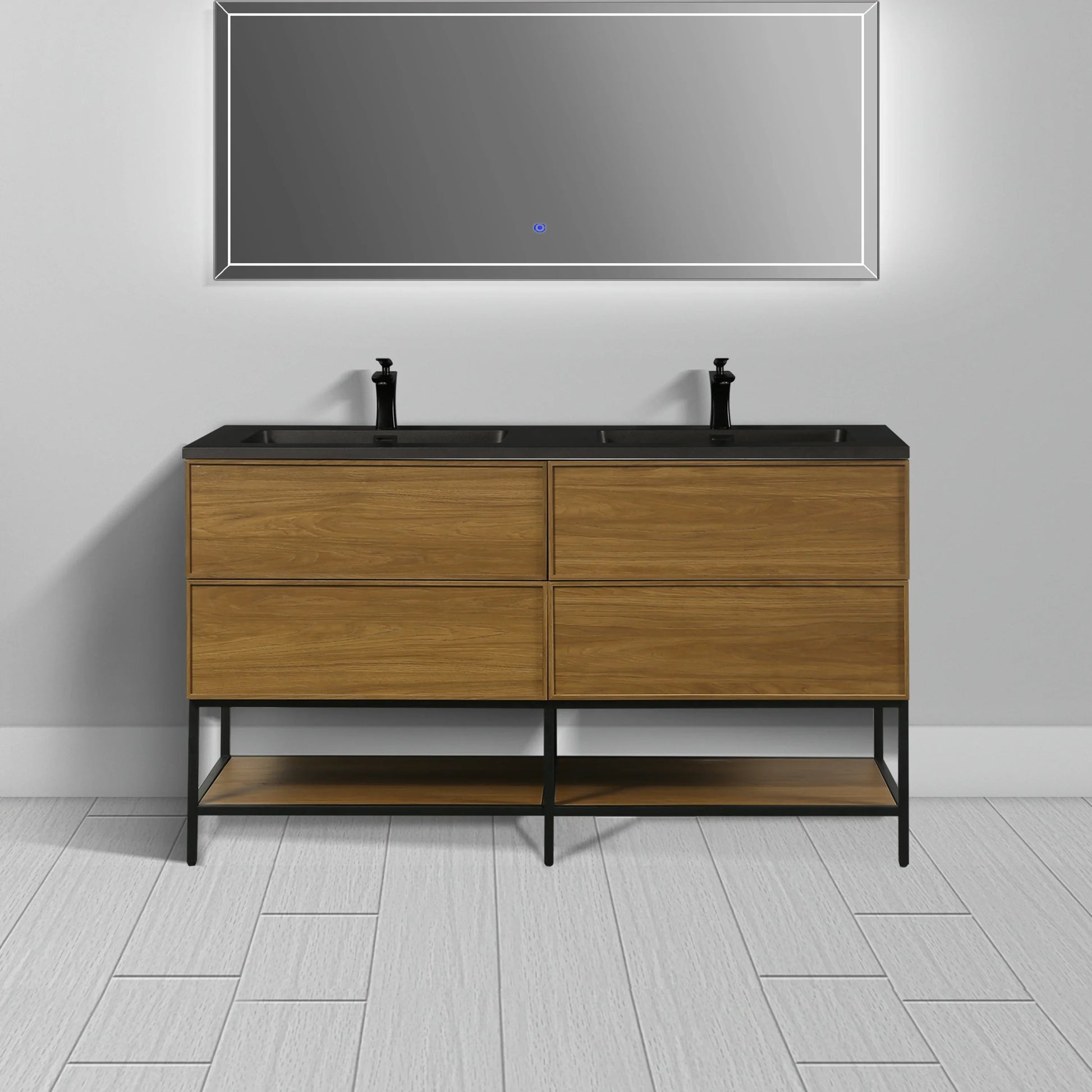 60" Honey Gold Walnut Wall Mount Double Sink Bathroom Vanity with Black Engineered Quartz Countertop-Migration_Bathroom Vanities-DECOROLALA