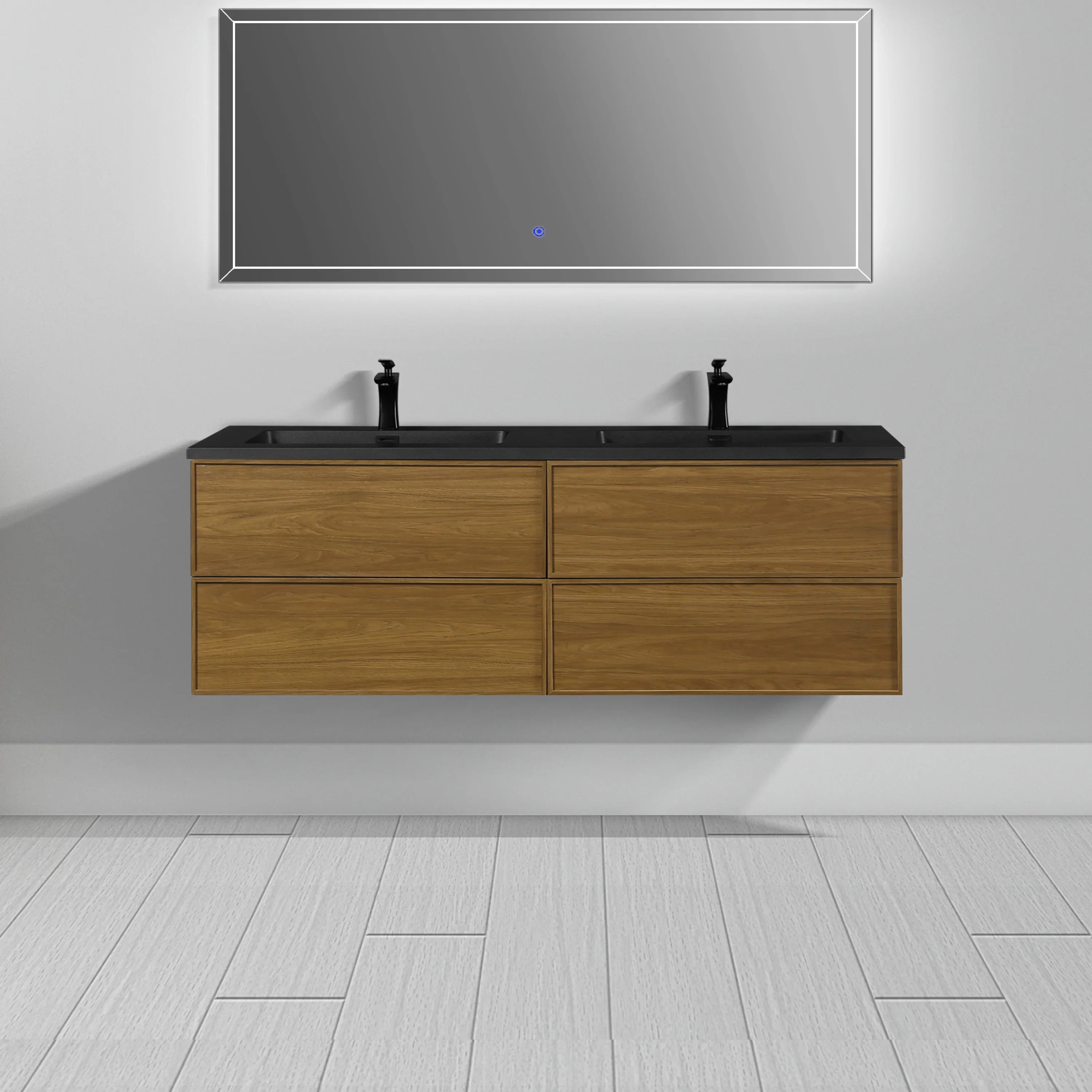 60" Honey Gold Walnut Wall Mount Double Sink Bathroom Vanity with Black Engineered Quartz Countertop-Migration_Bathroom Vanities-DECOROLALA