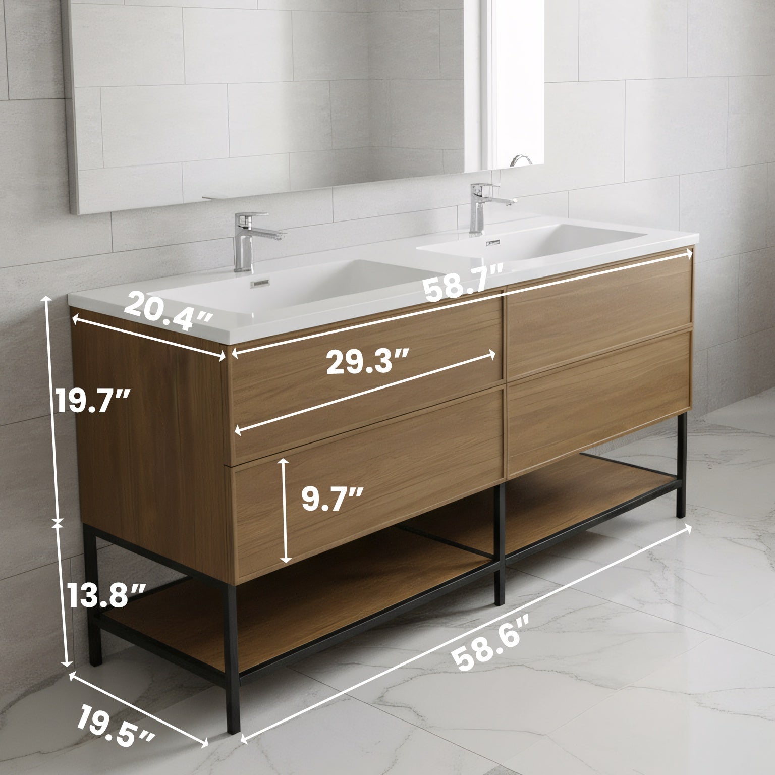 60" Honey Gold Walnut Wall Mount Double Sink Bathroom Vanity with White Polymarble Countertop-Migration_Bathroom Vanities-DECOROLALA