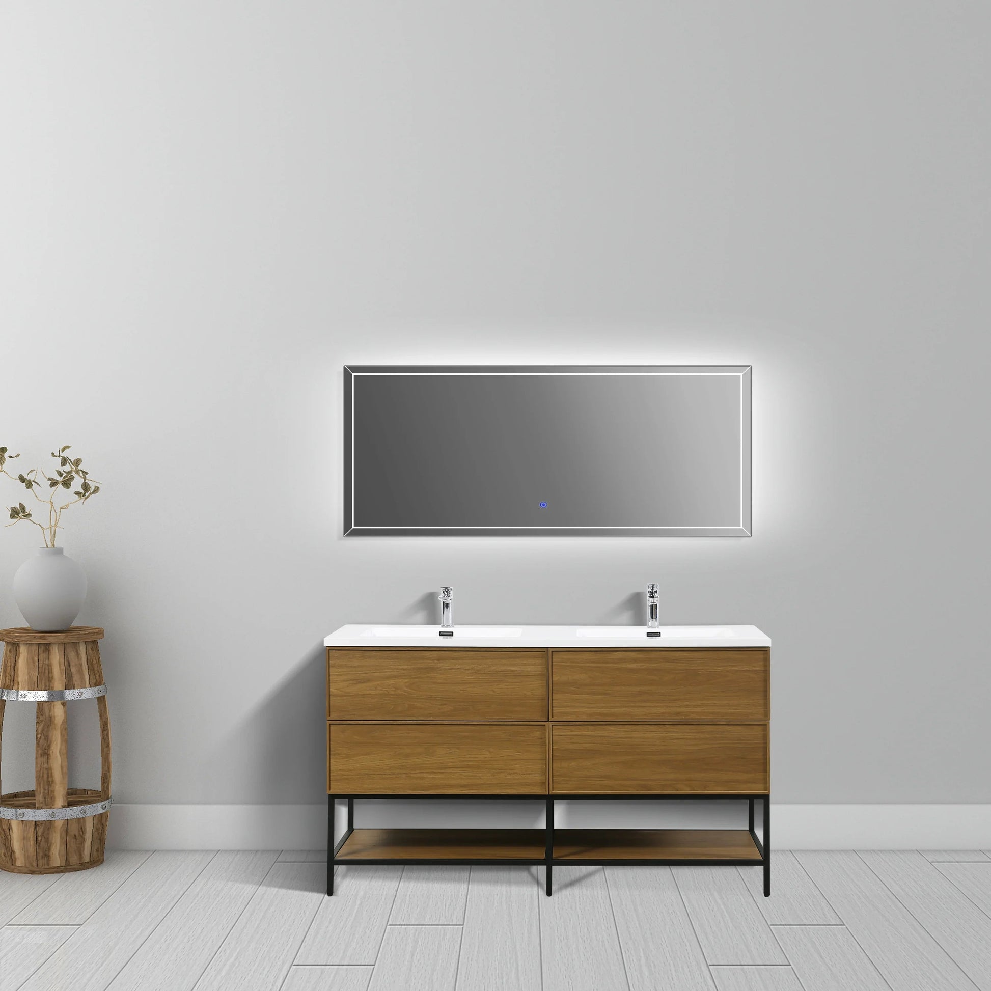 60" Honey Gold Walnut Wall Mount Double Sink Bathroom Vanity with White Polymarble Countertop-Migration_Bathroom Vanities-DECOROLALA