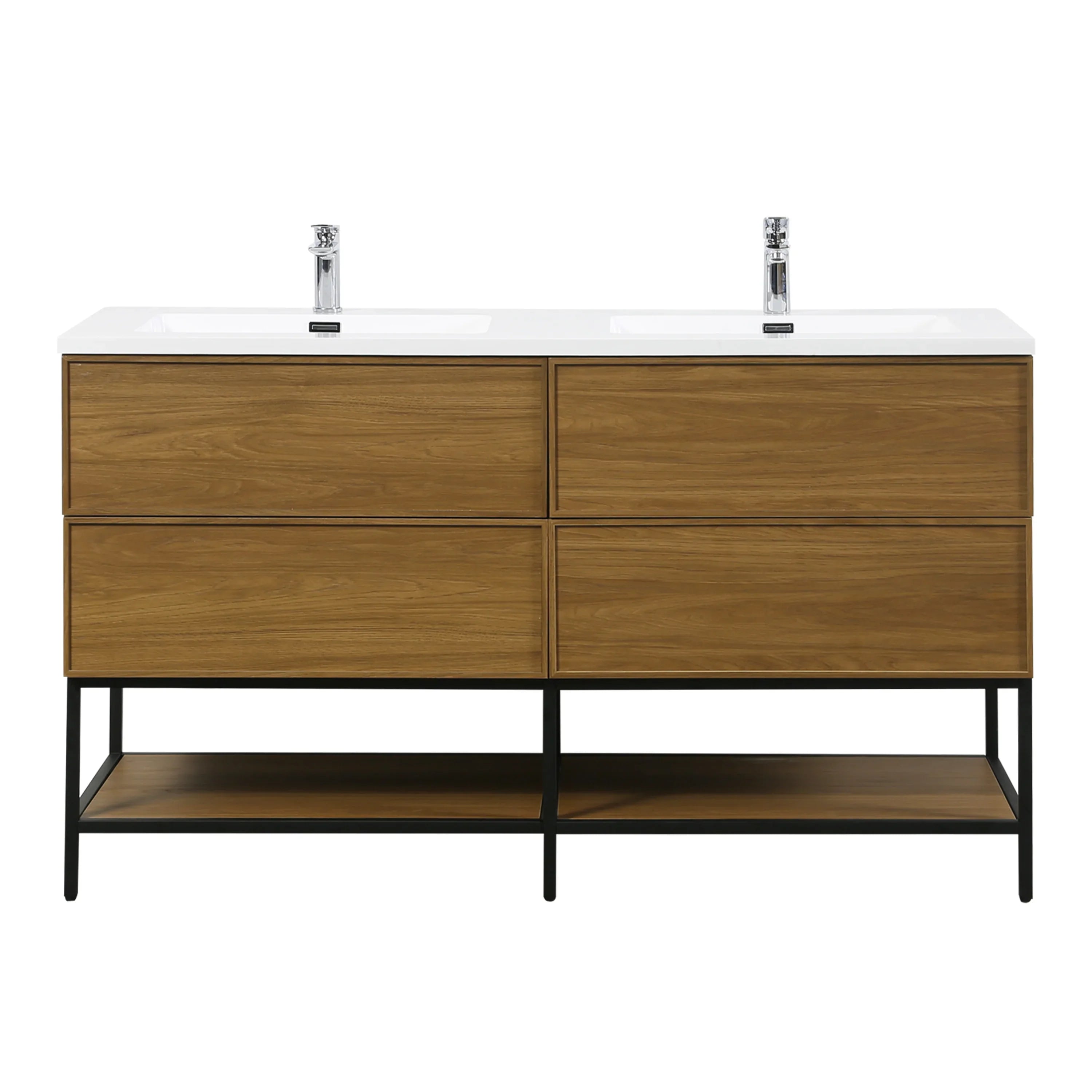 60" Honey Gold Walnut Wall Mount Double Sink Bathroom Vanity with White Polymarble Countertop-Migration_Bathroom Vanities-DECOROLALA