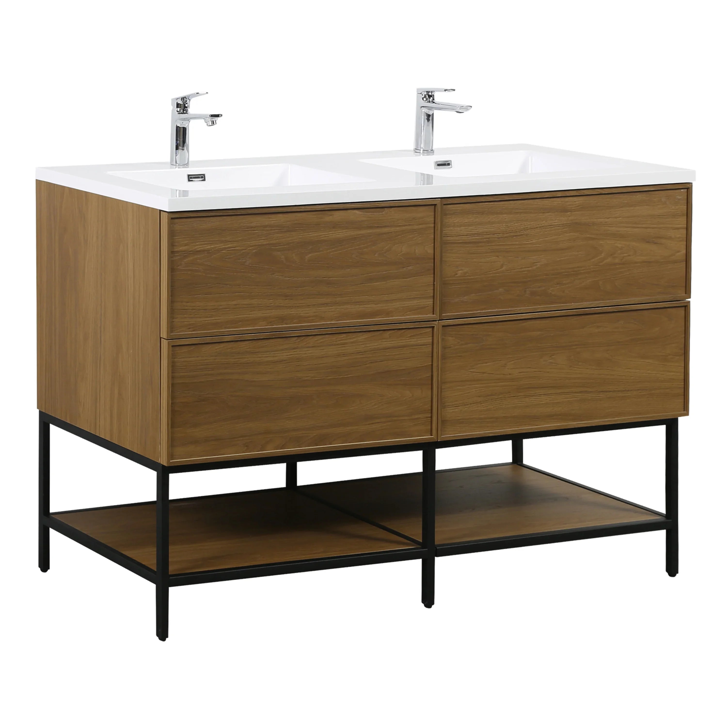 60" Honey Gold Walnut Wall Mount Double Sink Bathroom Vanity with White Polymarble Countertop-Migration_Bathroom Vanities-DECOROLALA