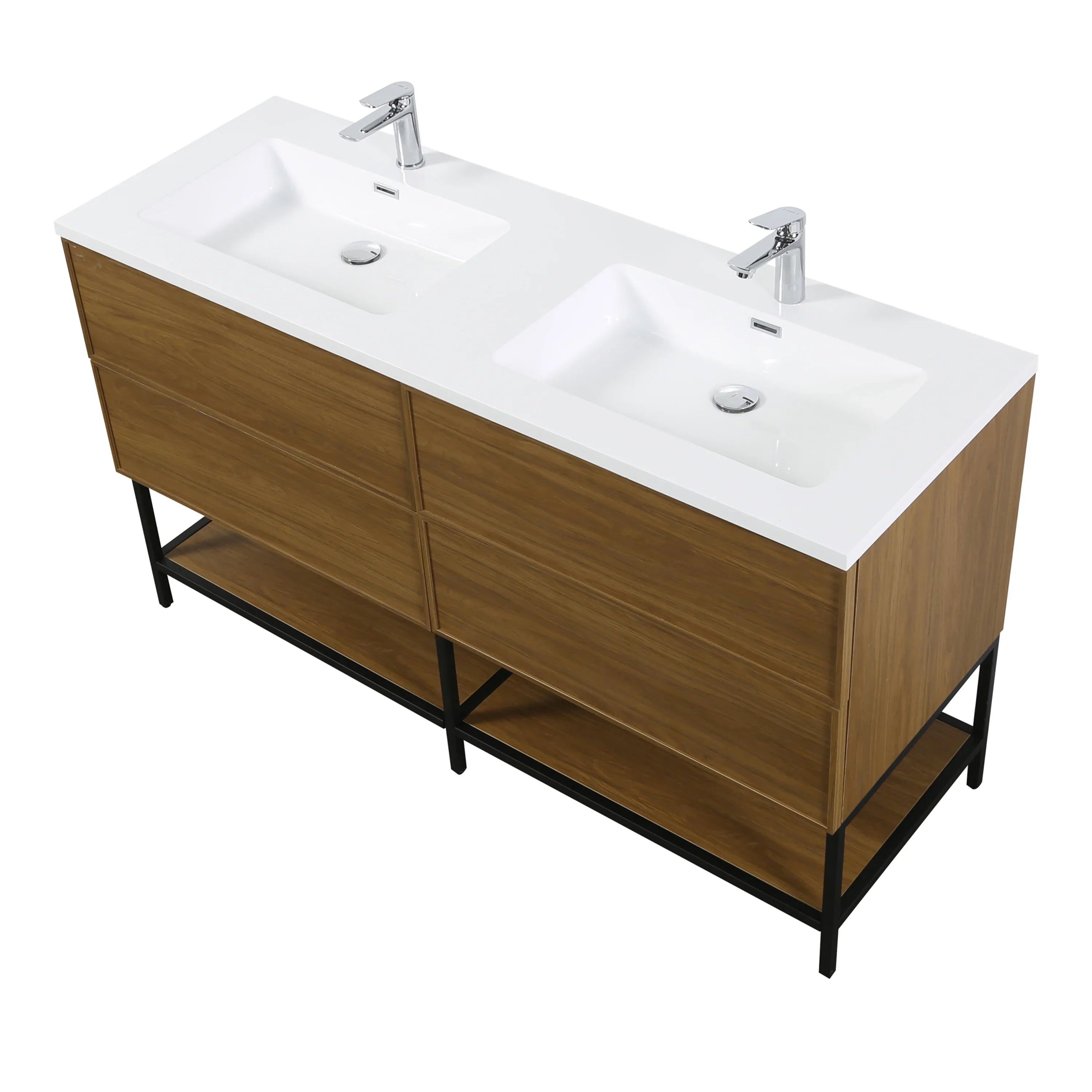 60" Honey Gold Walnut Wall Mount Double Sink Bathroom Vanity with White Polymarble Countertop-Migration_Bathroom Vanities-DECOROLALA