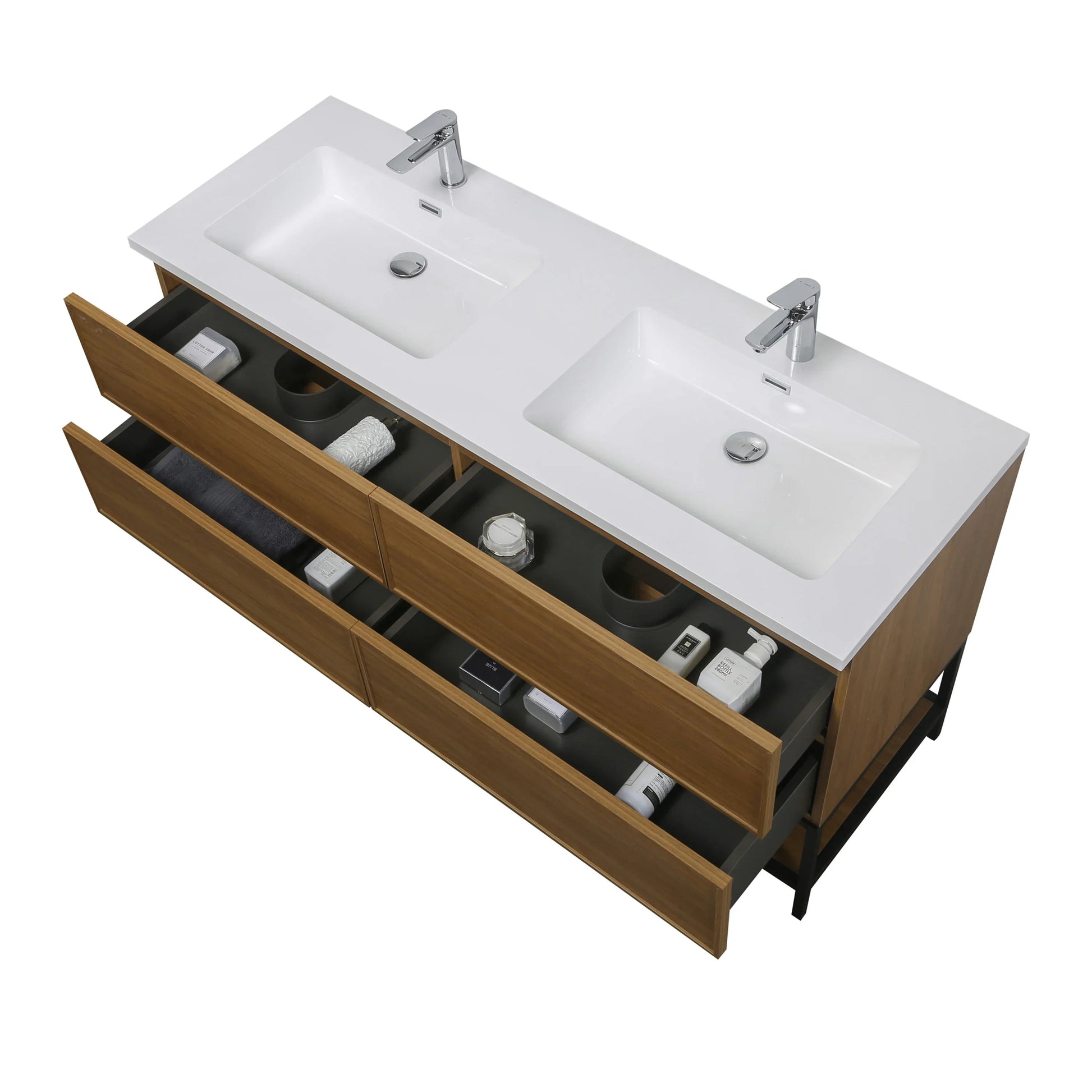 60" Honey Gold Walnut Wall Mount Double Sink Bathroom Vanity with White Polymarble Countertop-Migration_Bathroom Vanities-DECOROLALA