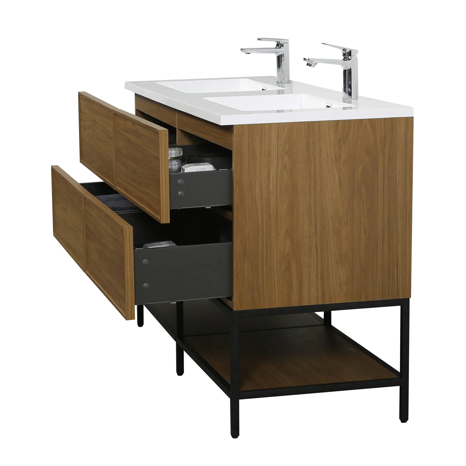 60" Honey Gold Walnut Wall Mount Double Sink Bathroom Vanity with White Polymarble Countertop-Migration_Bathroom Vanities-DECOROLALA