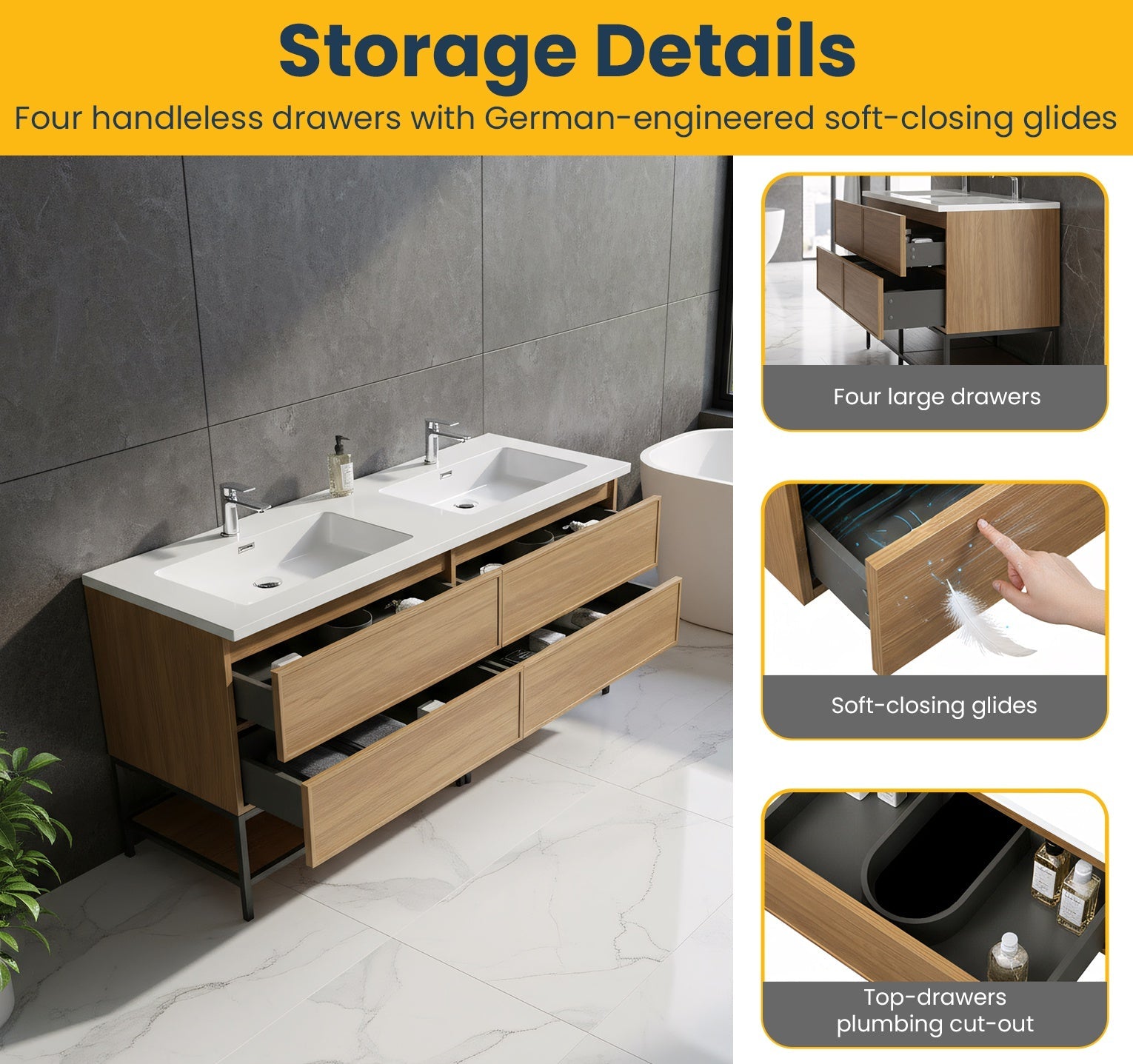 60" Honey Gold Walnut Wall Mount Double Sink Bathroom Vanity with White Polymarble Countertop-Migration_Bathroom Vanities-DECOROLALA