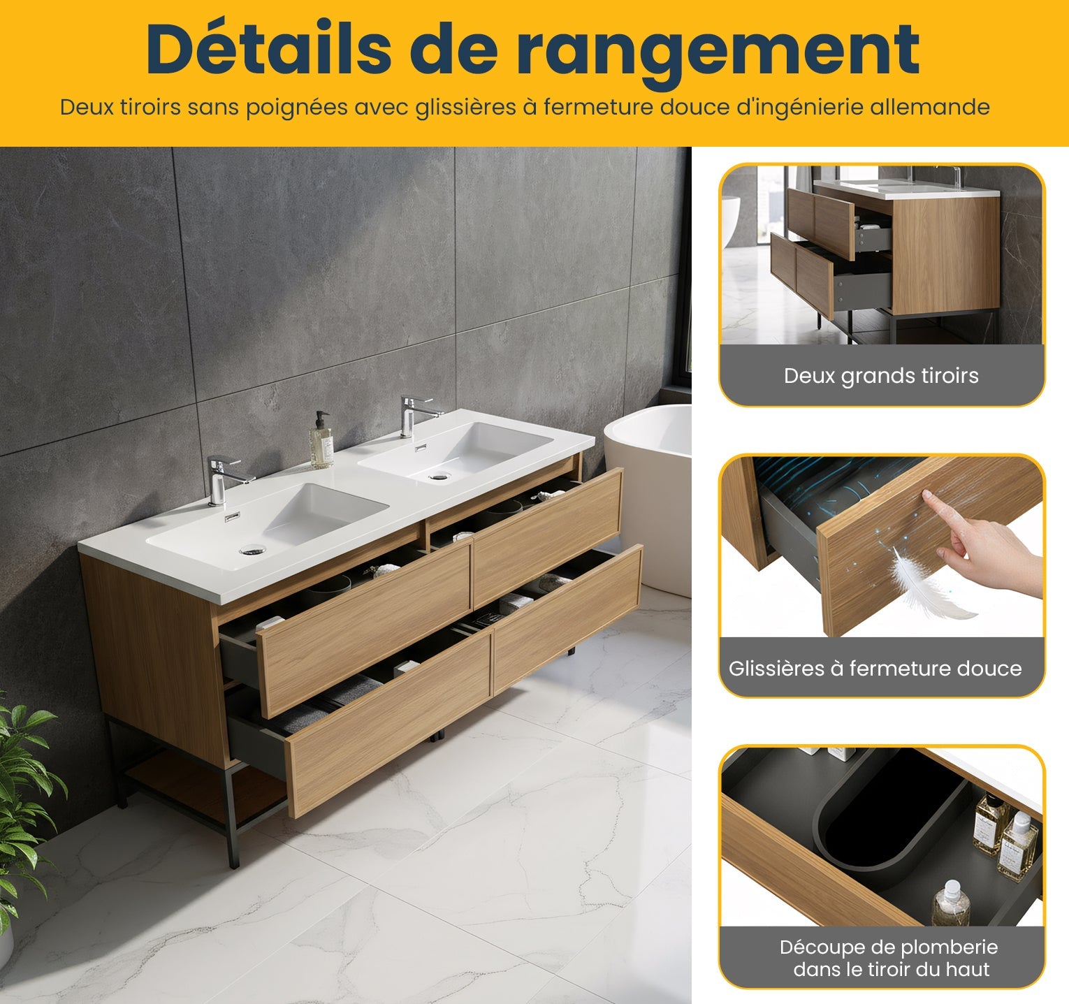 60" Honey Gold Walnut Wall Mount Double Sink Bathroom Vanity with White Polymarble Countertop-Migration_Bathroom Vanities-DECOROLALA