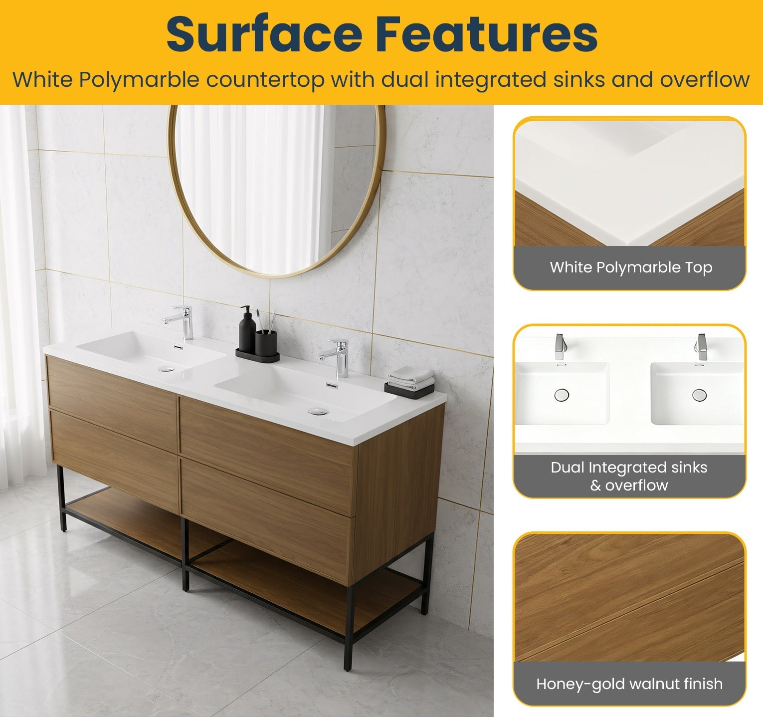 60" Honey Gold Walnut Wall Mount Double Sink Bathroom Vanity with White Polymarble Countertop-Migration_Bathroom Vanities-DECOROLALA