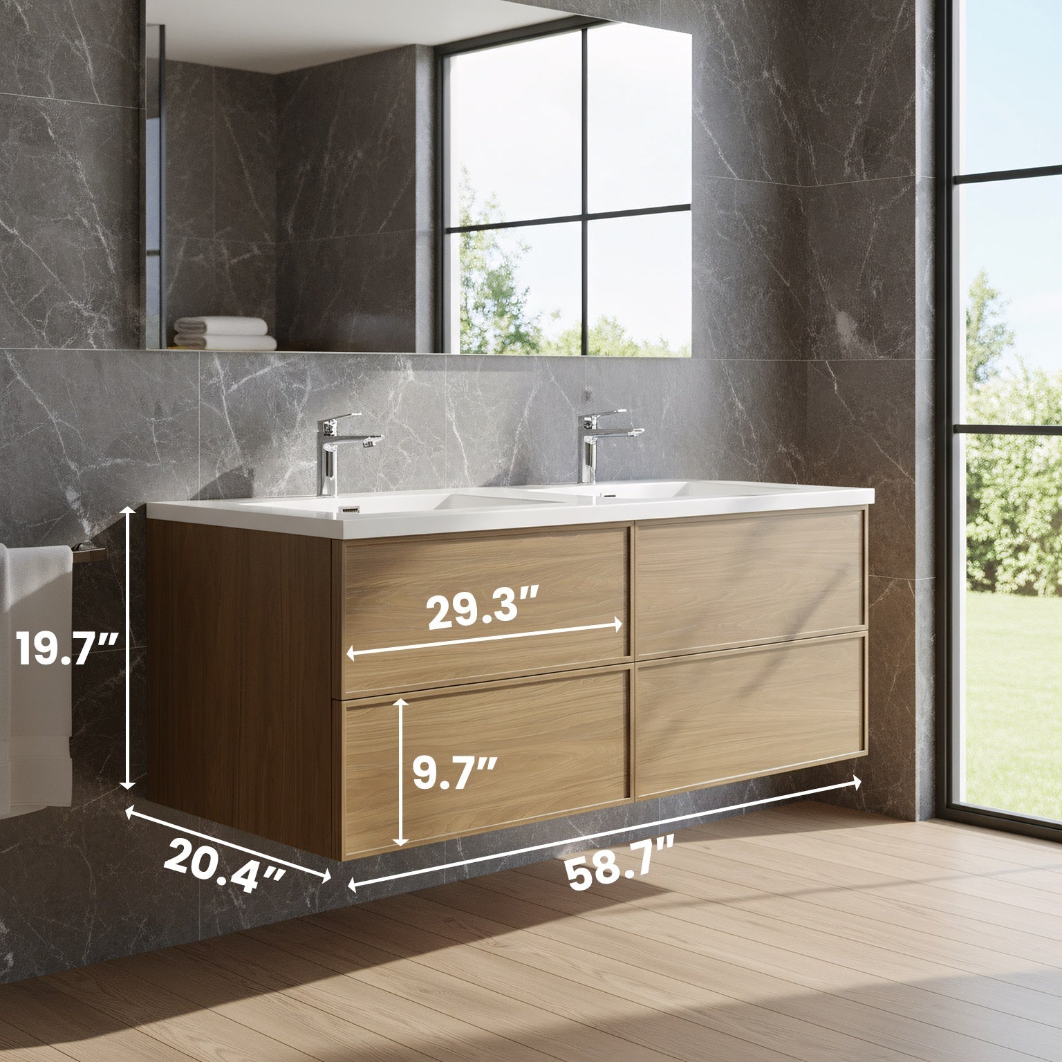 60" Honey Gold Walnut Wall Mount Double Sink Bathroom Vanity with White Polymarble Countertop-Migration_Bathroom Vanities-DECOROLALA