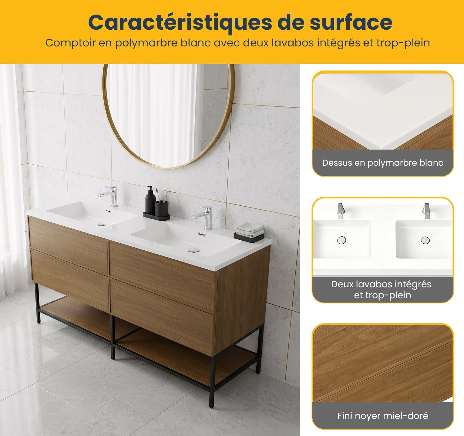 60" Honey Gold Walnut Wall Mount Double Sink Bathroom Vanity with White Polymarble Countertop-Migration_Bathroom Vanities-DECOROLALA