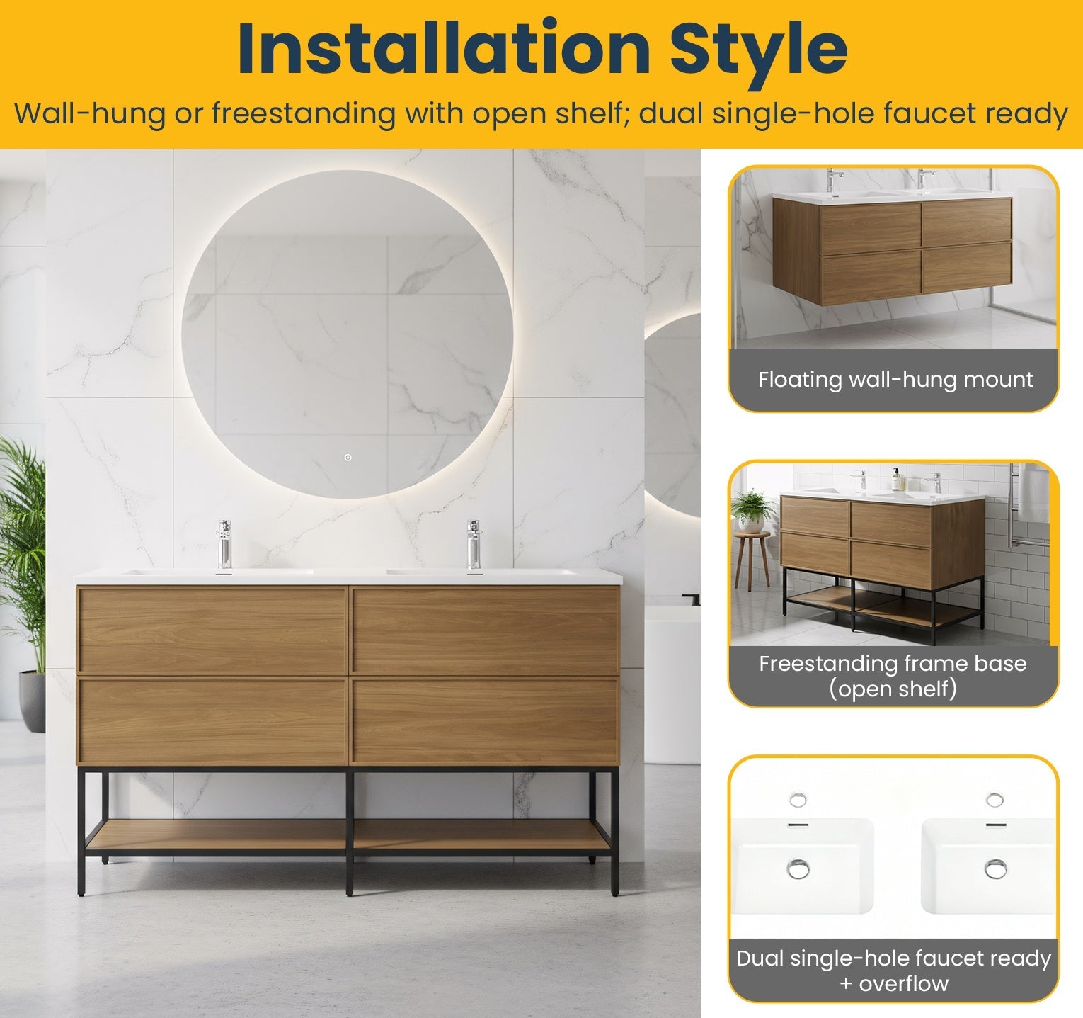 60" Honey Gold Walnut Wall Mount Double Sink Bathroom Vanity with White Polymarble Countertop-Migration_Bathroom Vanities-DECOROLALA