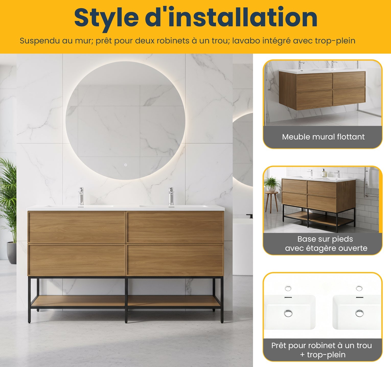 60" Honey Gold Walnut Wall Mount Double Sink Bathroom Vanity with White Polymarble Countertop-Migration_Bathroom Vanities-DECOROLALA