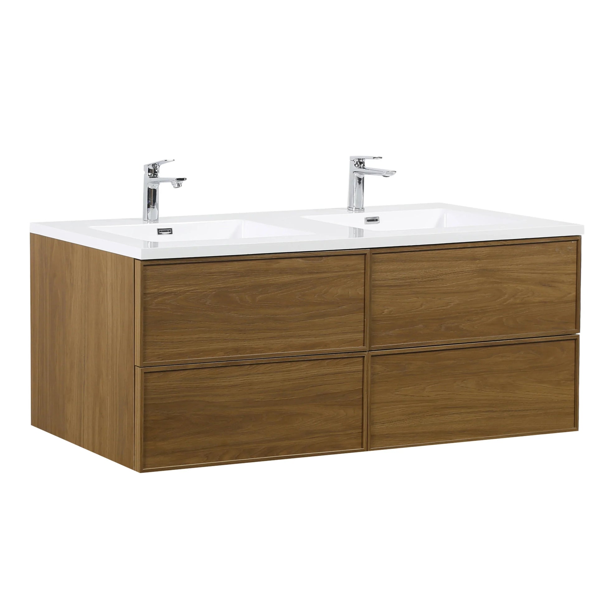 60" Honey Gold Walnut Wall Mount Double Sink Bathroom Vanity with White Polymarble Countertop-Migration_Bathroom Vanities-DECOROLALA
