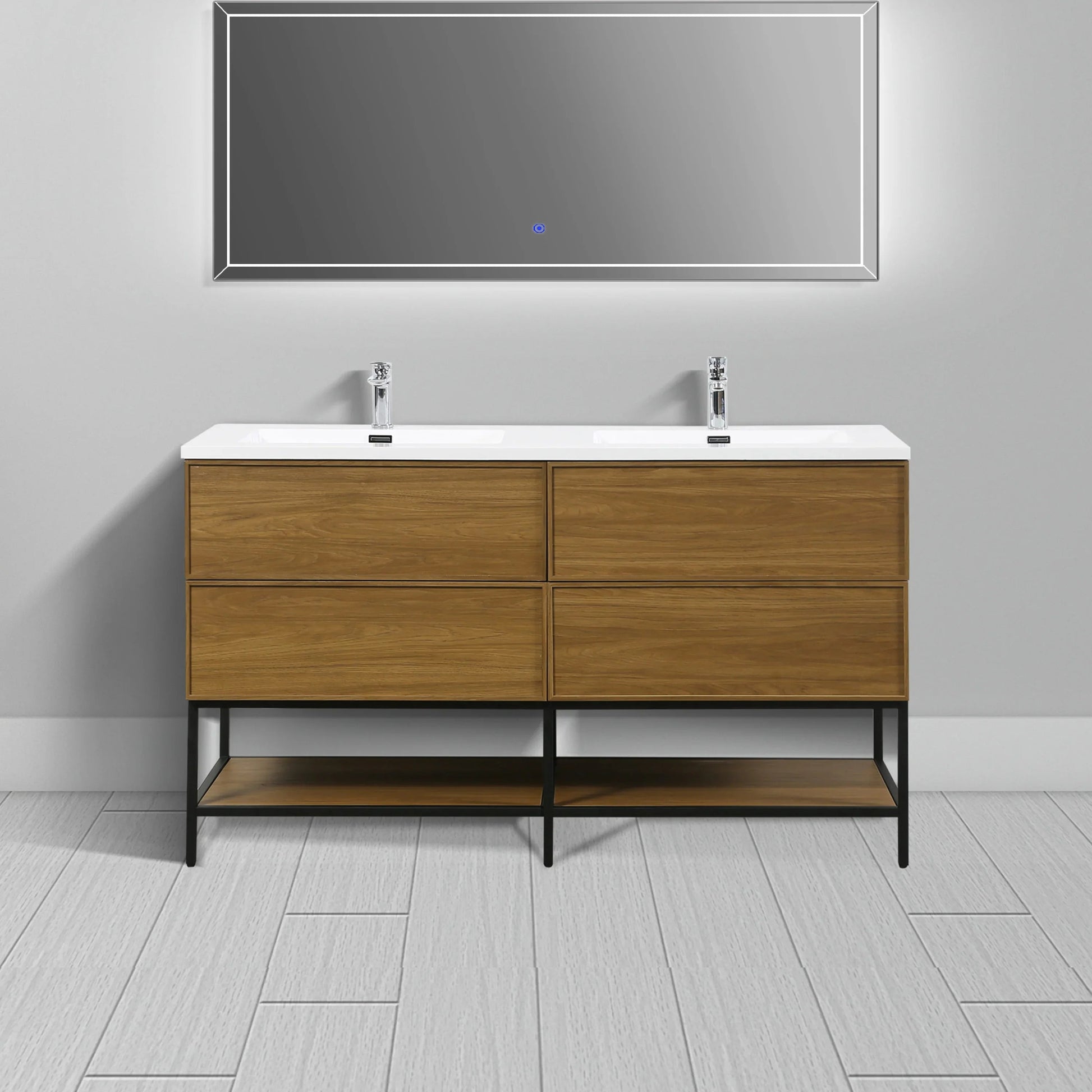 60" Honey Gold Walnut Wall Mount Double Sink Bathroom Vanity with White Polymarble Countertop-Migration_Bathroom Vanities-DECOROLALA