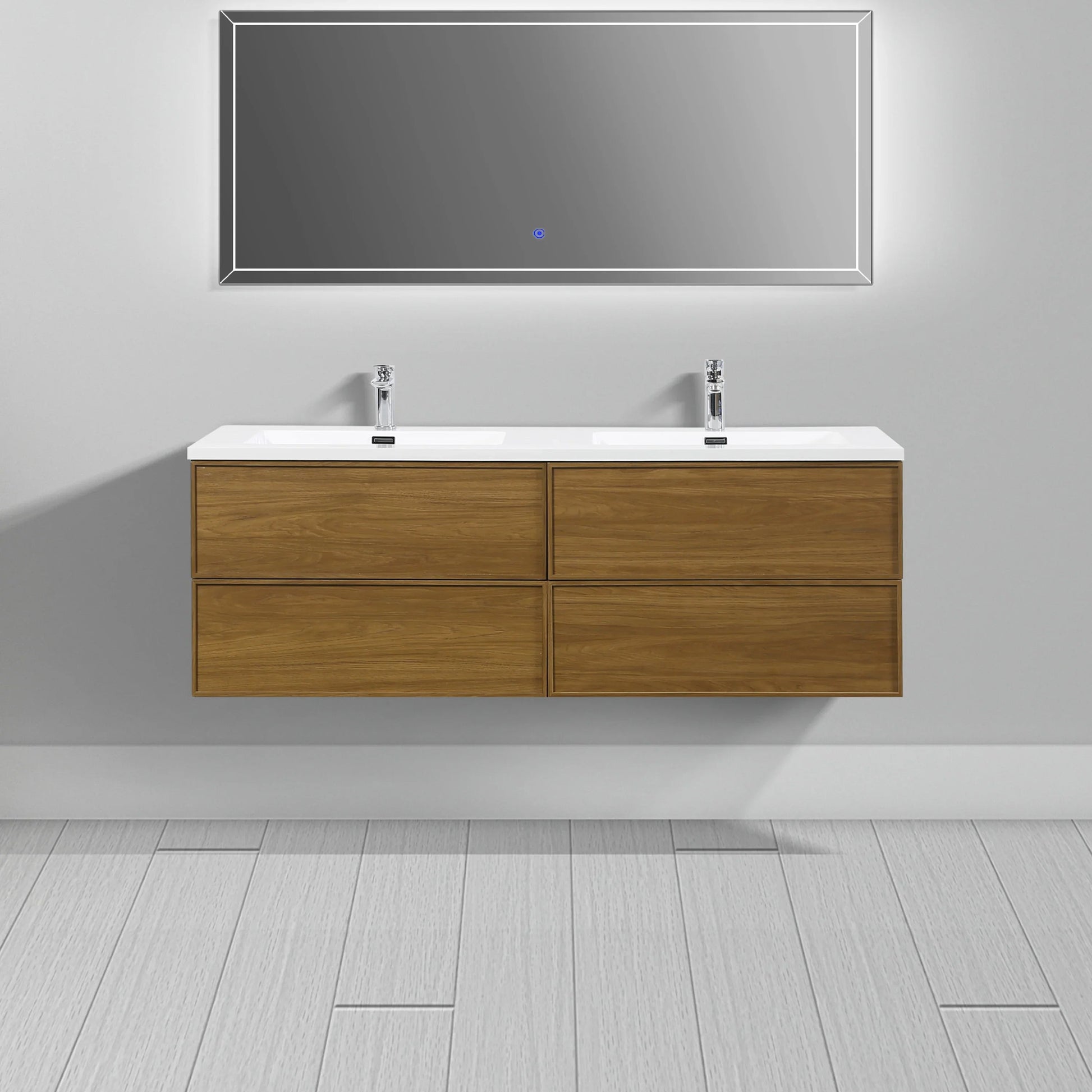 60" Honey Gold Walnut Wall Mount Double Sink Bathroom Vanity with White Polymarble Countertop-Migration_Bathroom Vanities-DECOROLALA