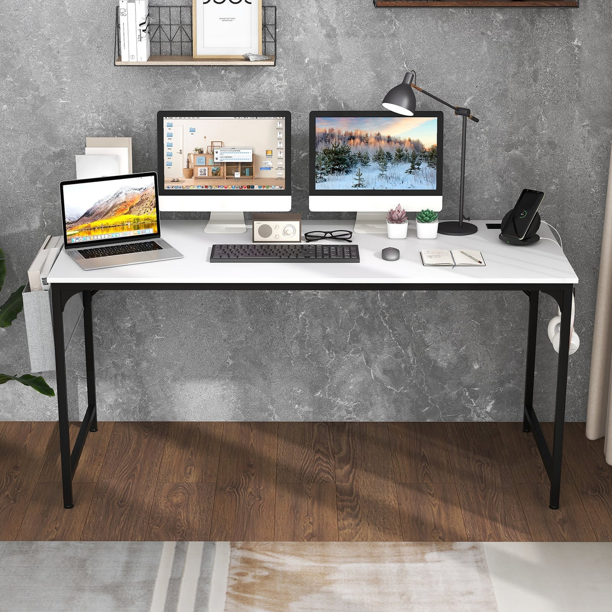 60 Inch Computer Desk with Charging Station Storage Bag-White-Computer Desks-DECOROLALA
