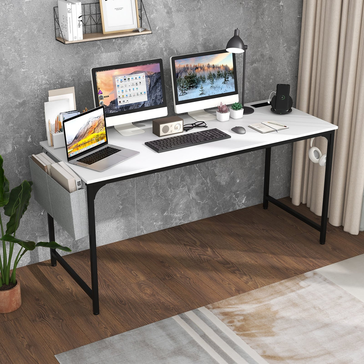 60 Inch Computer Desk with Charging Station Storage Bag-White-Computer Desks-DECOROLALA