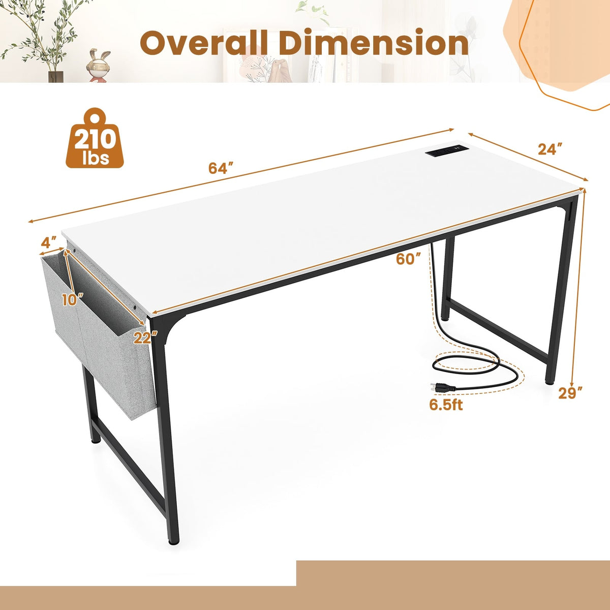 60 Inch Computer Desk with Charging Station Storage Bag-White-Computer Desks-DECOROLALA
