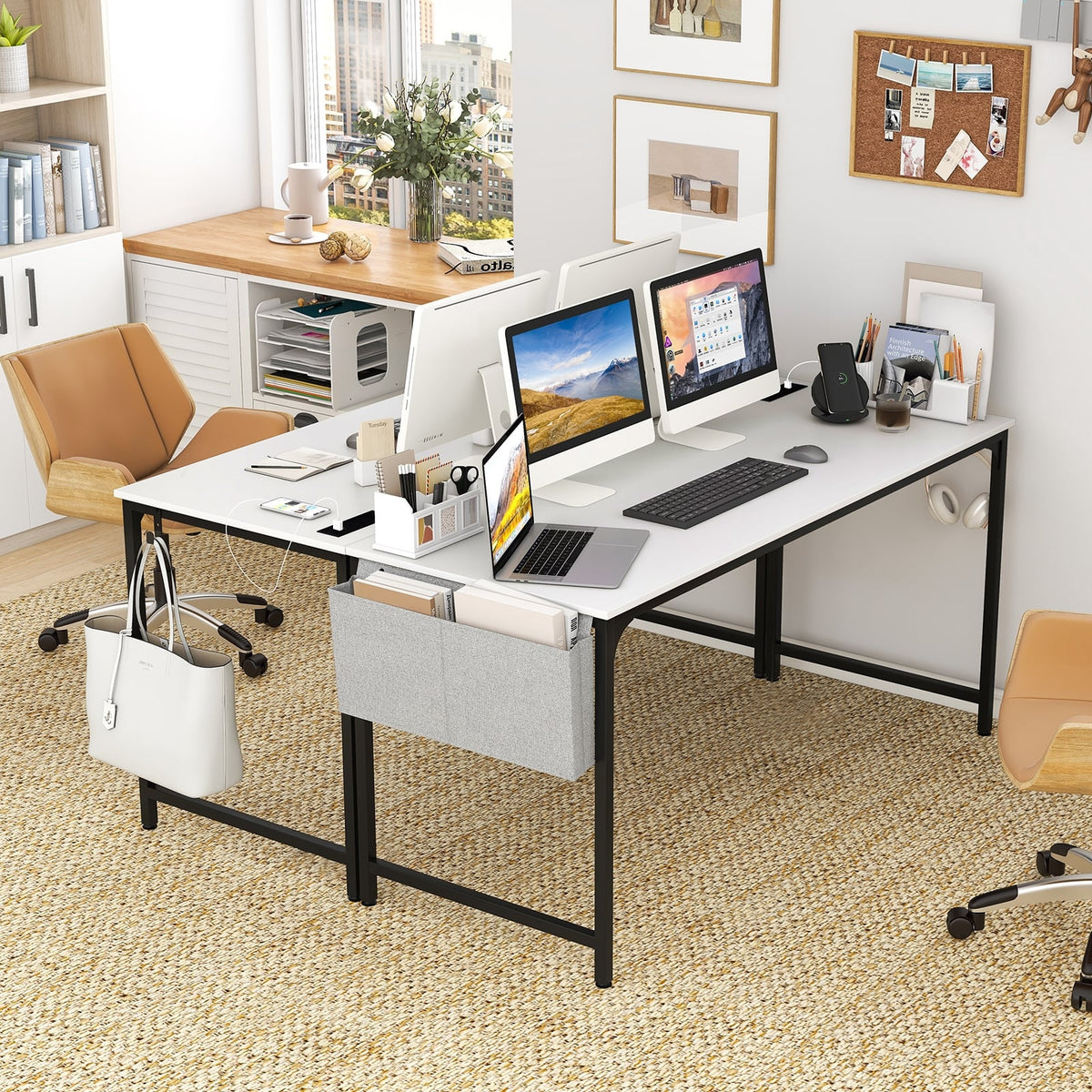 60 Inch Computer Desk with Charging Station Storage Bag-White-Computer Desks-DECOROLALA
