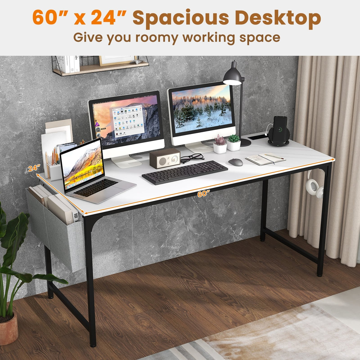 60 Inch Computer Desk with Charging Station Storage Bag-White-Computer Desks-DECOROLALA