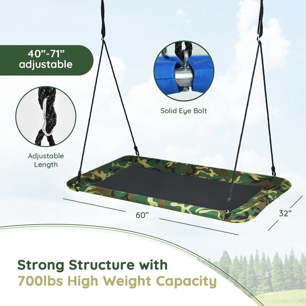 60 Inch Platform Tree Swing Outdoor with 2 Hanging Straps