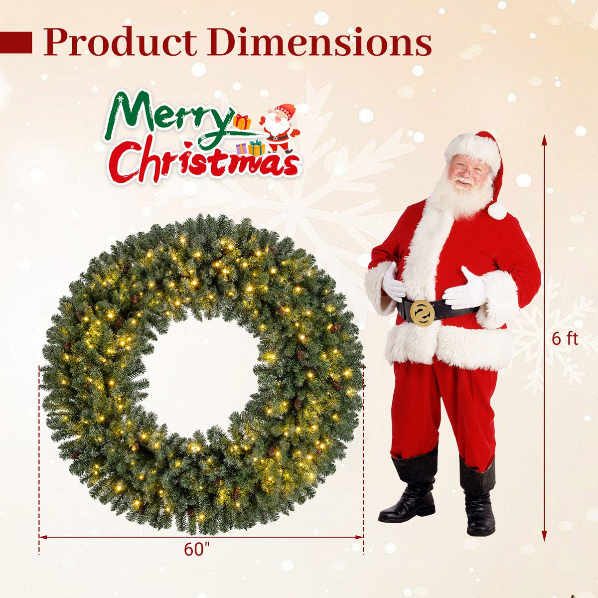 60 Inch Pre-Lit Artificial Christmas Wreath 200 LED Warm White Lights-1 Piece-Christmas Decorations & Accessories-DECOROLALA