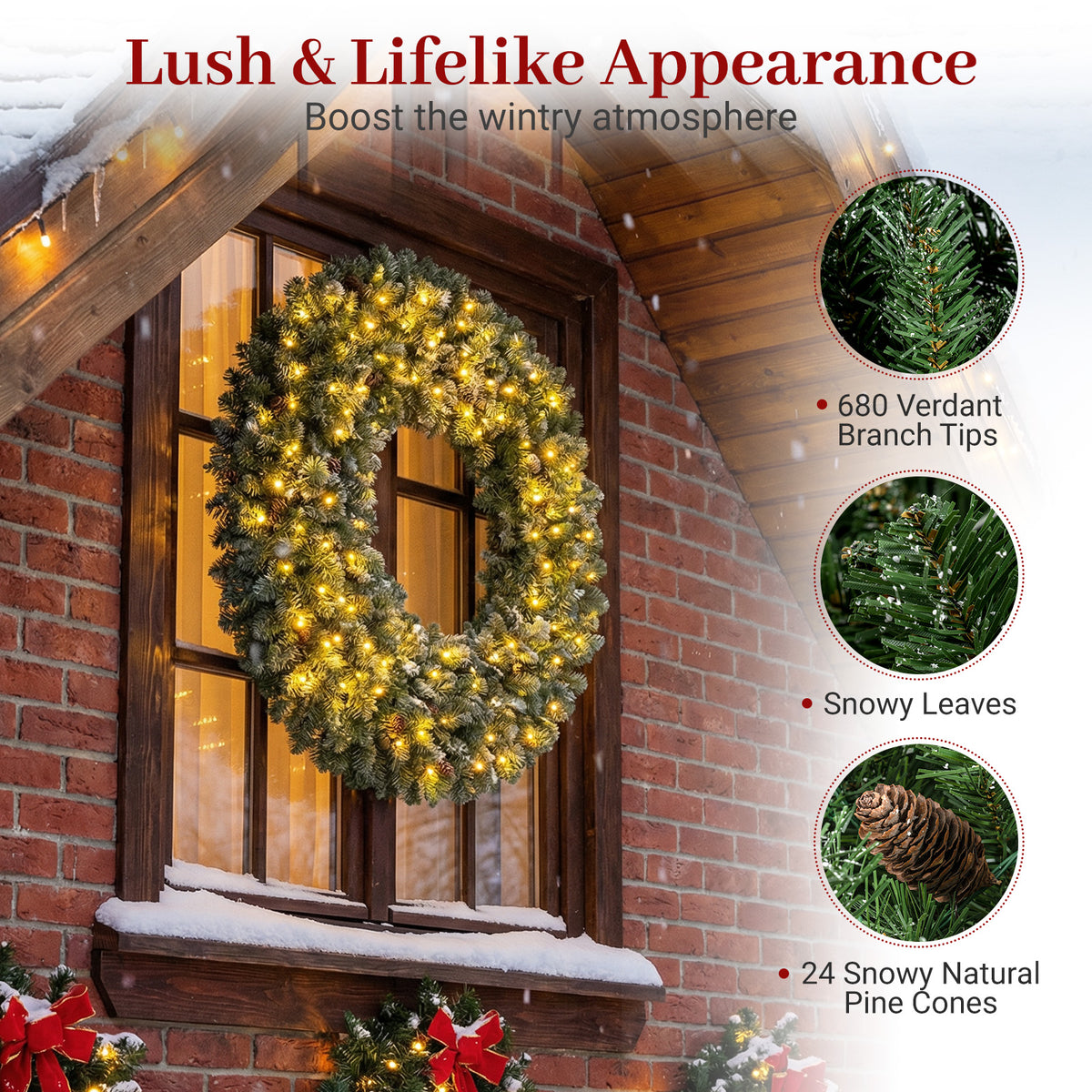 60 Inch Pre-Lit Artificial Christmas Wreath 200 LED Warm White Lights-1 Piece-Christmas Decorations & Accessories-DECOROLALA