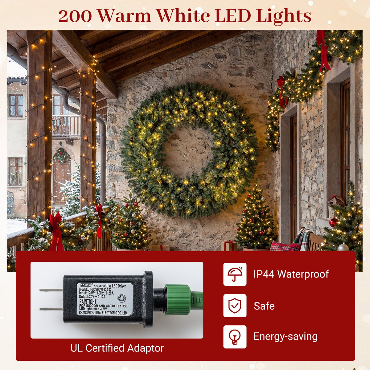 60 Inch Pre-Lit Artificial Christmas Wreath 200 LED Warm White Lights-1 Piece-Christmas Decorations & Accessories-DECOROLALA