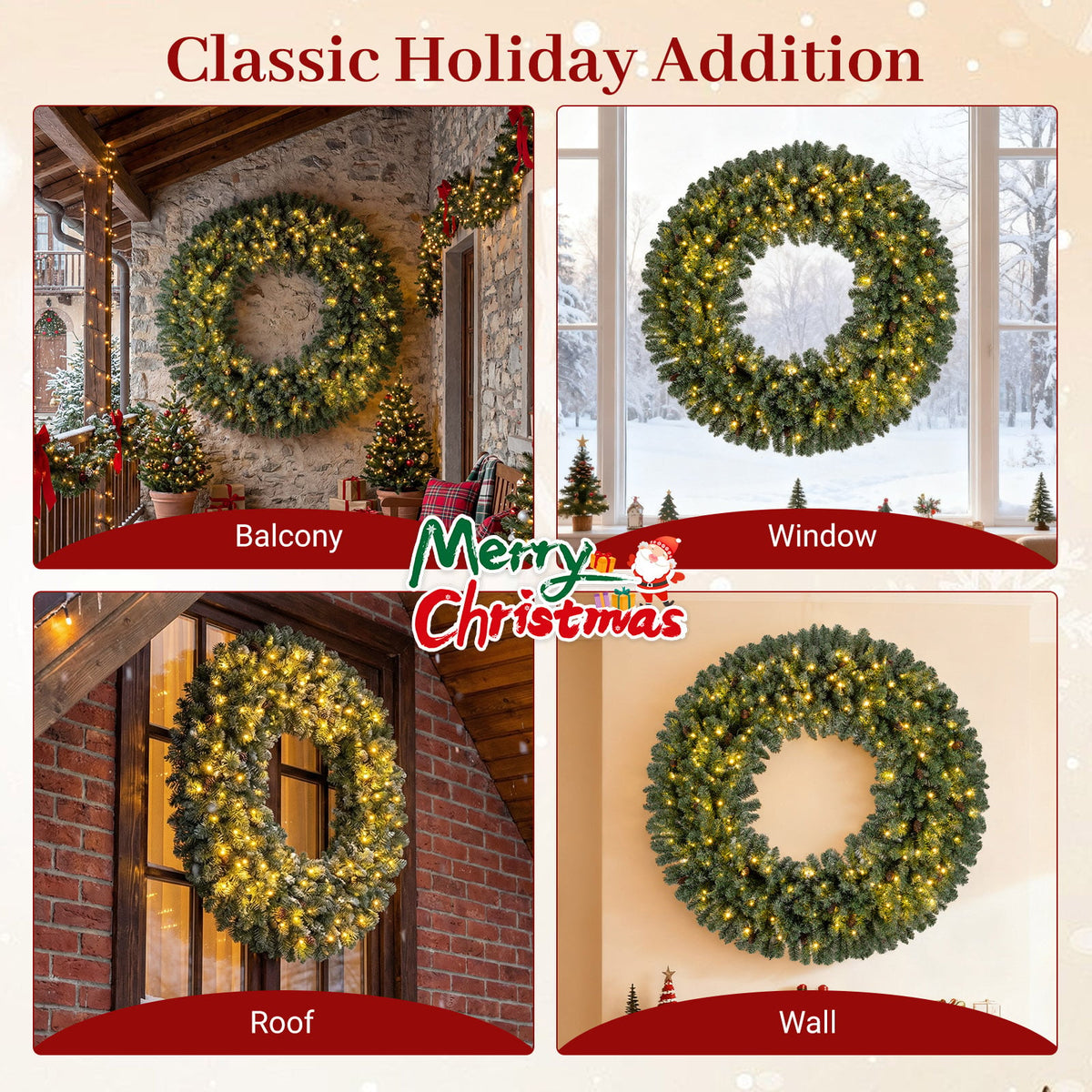 60 Inch Pre-Lit Artificial Christmas Wreath 200 LED Warm White Lights-1 Piece-Christmas Decorations & Accessories-DECOROLALA