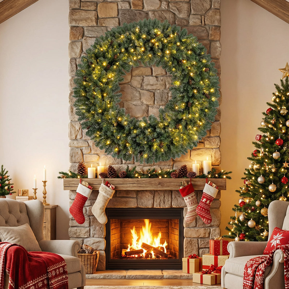 60 Inch Pre-Lit Artificial Christmas Wreath 200 LED Warm White Lights-1 Piece-Christmas Decorations & Accessories-DECOROLALA