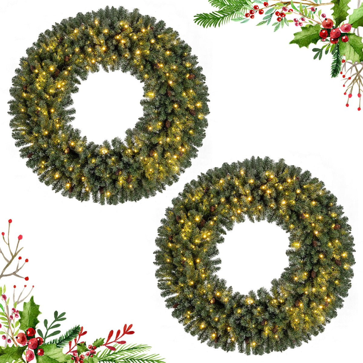60 Inch Pre-Lit Artificial Christmas Wreath 200 LED Warm White Lights-Set of 2-Christmas Decorations & Accessories-DECOROLALA