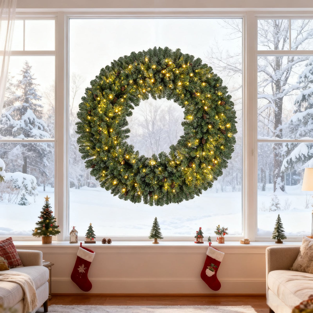 60 Inch Pre-Lit Artificial Christmas Wreath 200 LED Warm White Lights-Set of 2-Christmas Decorations & Accessories-DECOROLALA