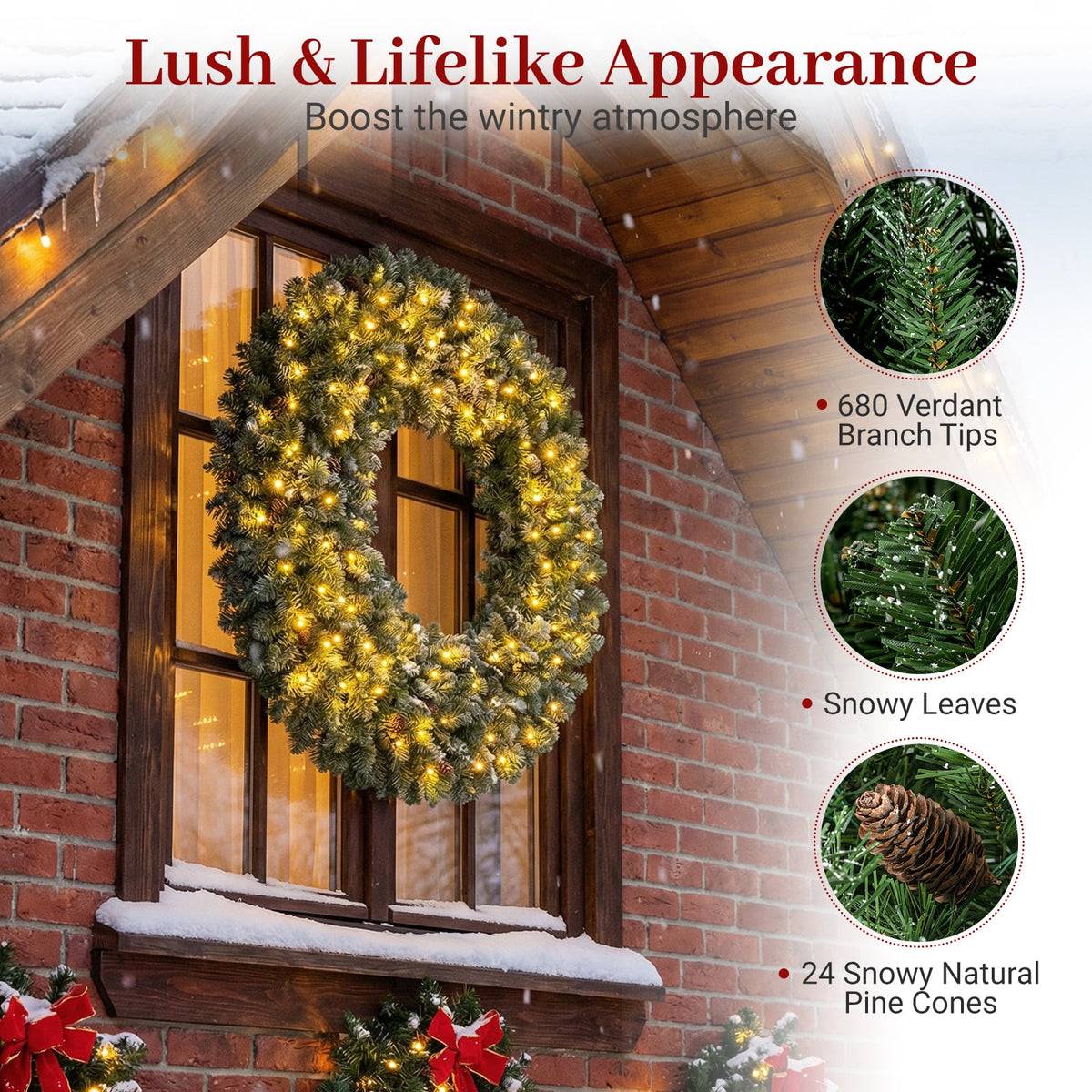 60 Inch Pre-Lit Artificial Christmas Wreath 200 LED Warm White Lights-Set of 2-Christmas Decorations & Accessories-DECOROLALA