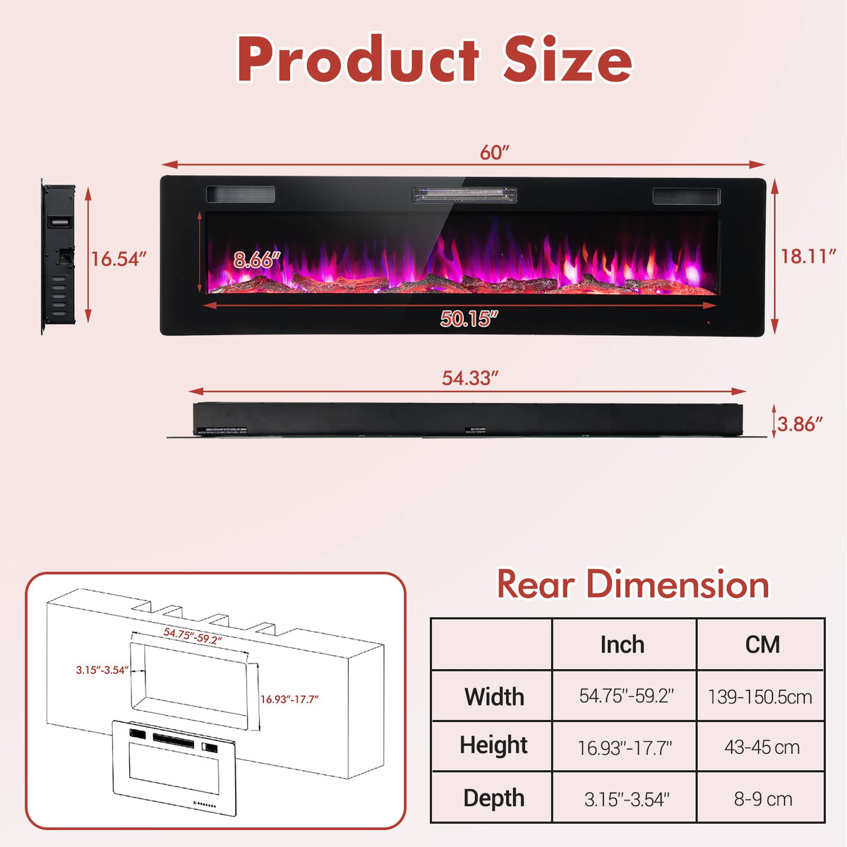 60 Inches Ultra-thin Electric Fireplace with Remote Control and Timer Function-Fireplaces-DECOROLALA
