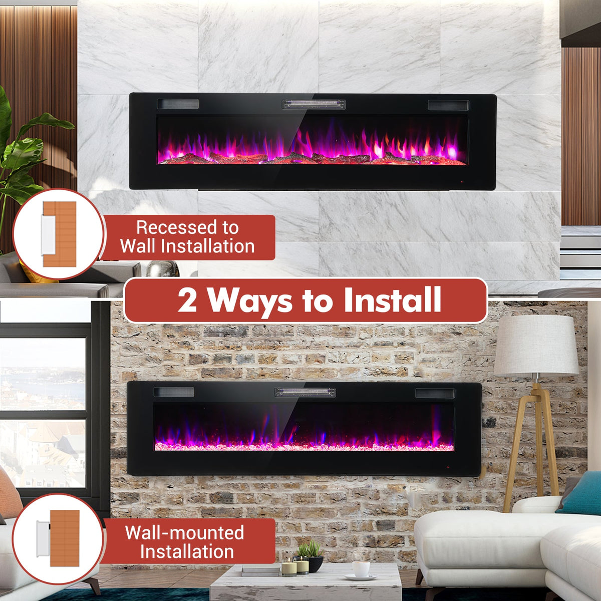 60 Inches Ultra-thin Electric Fireplace with Remote Control and Timer Function-Fireplaces-DECOROLALA