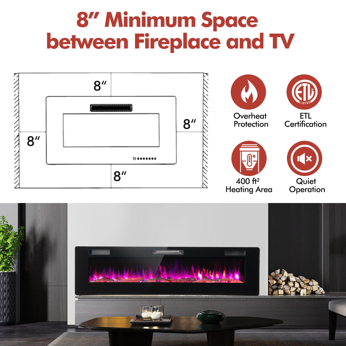 60 Inches Ultra-thin Electric Fireplace with Remote Control and Timer Function-Fireplaces-DECOROLALA