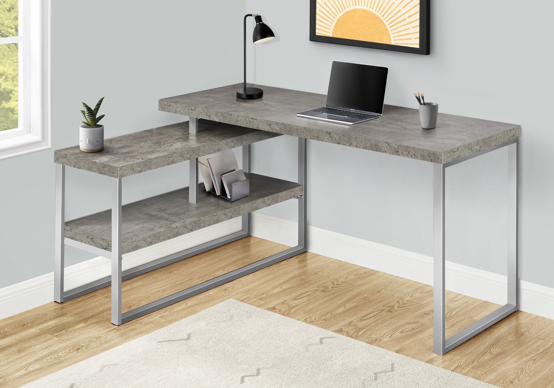 60" L-Shaped Corner Desk with Storage, White/Silver-Computer Desk-DECOROLALA
