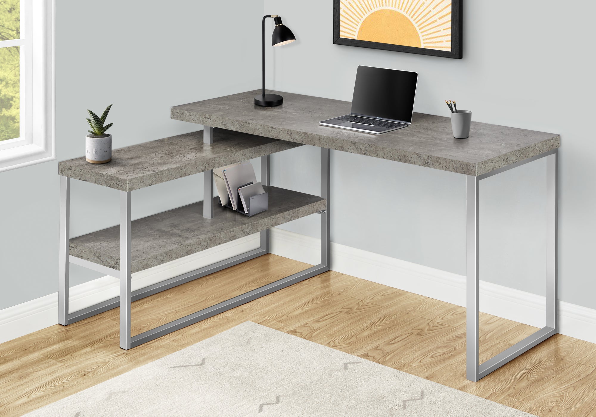 60" L-Shaped Corner Desk with Storage, White/Silver-Computer Desk-DECOROLALA