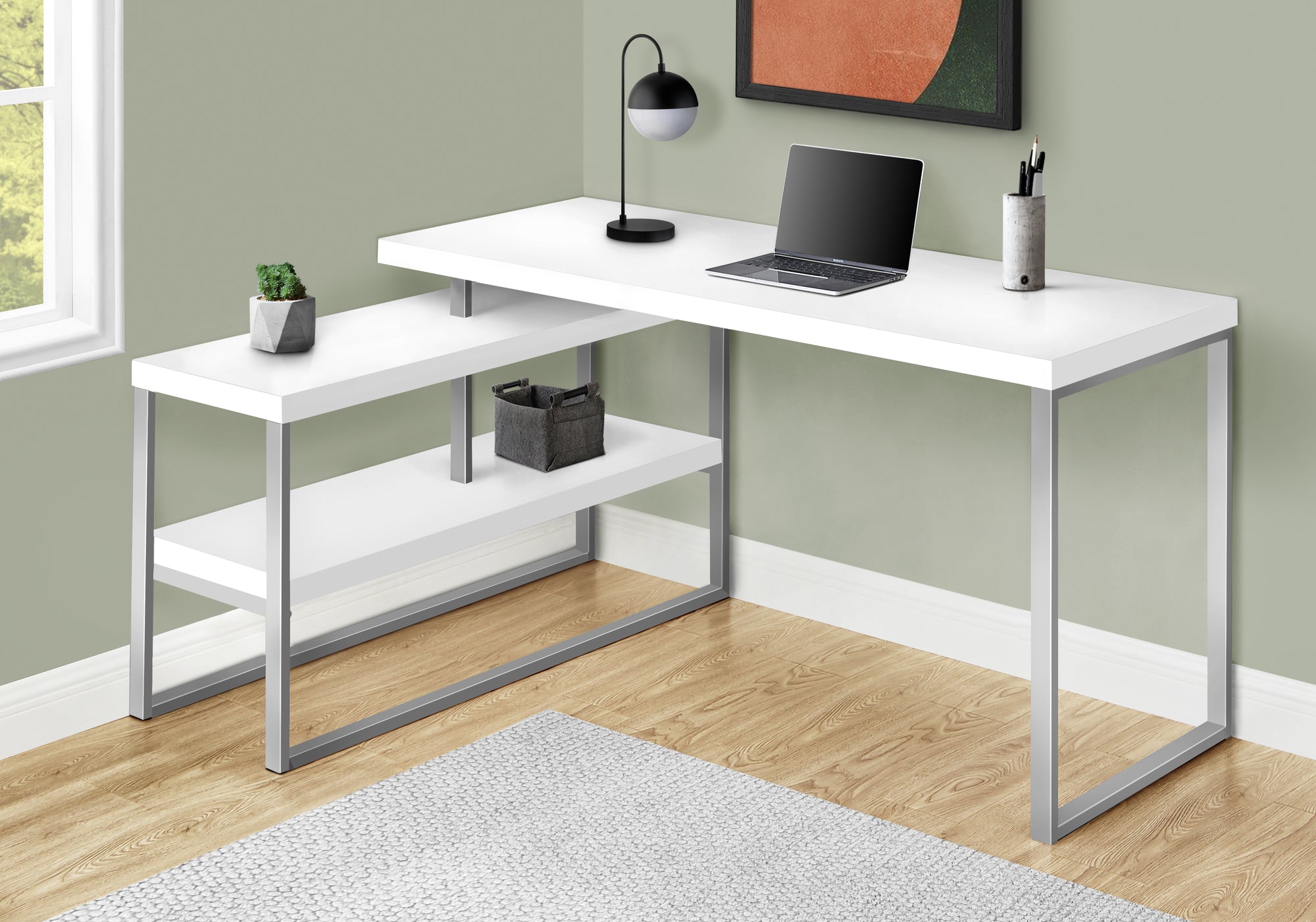 60" L-Shaped Corner Desk with Storage, White/Silver-Computer Desk-DECOROLALA