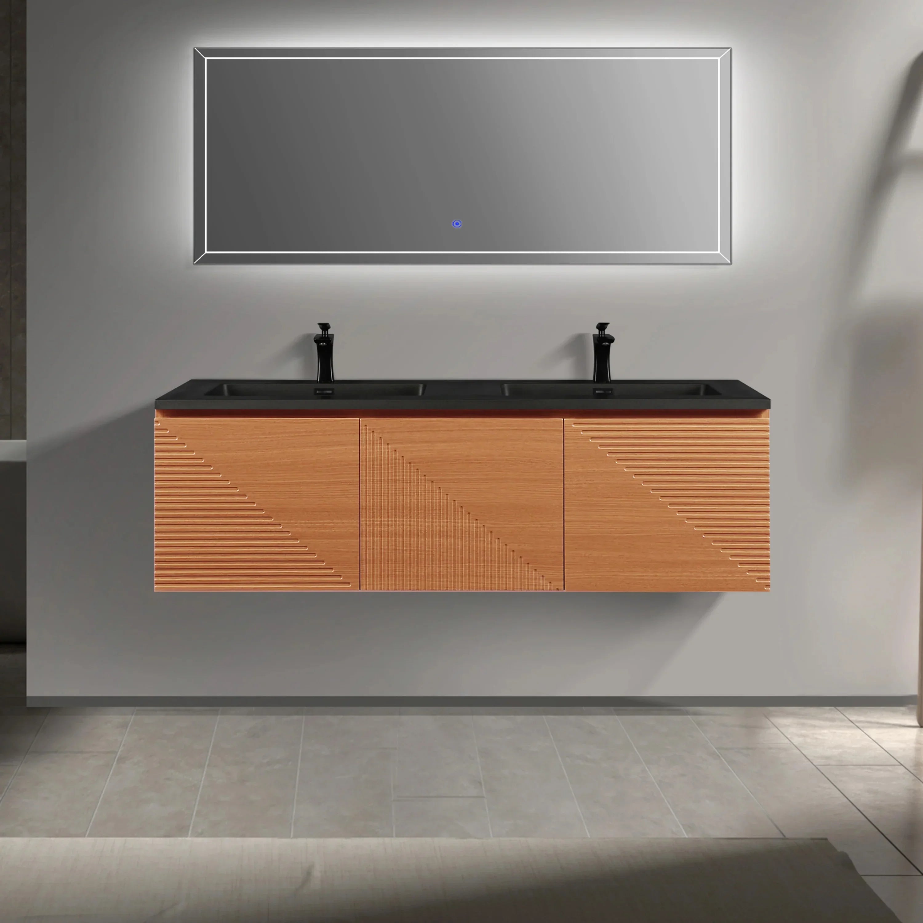 60" Light Oak Wall-Mounted Double Sink Bathroom Vanity with Black Engineered Quartz Countertop-Migration_Bathroom Vanities-DECOROLALA