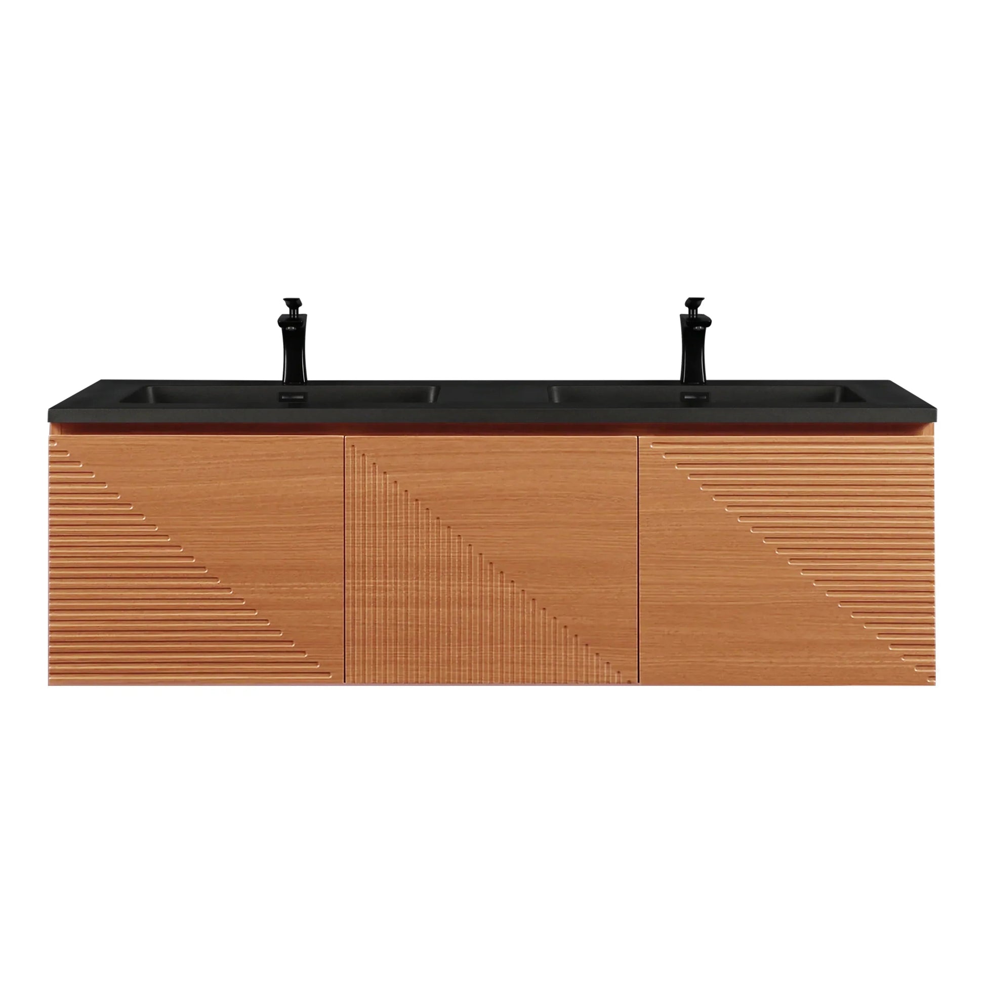 60" Light Oak Wall-Mounted Double Sink Bathroom Vanity with Black Engineered Quartz Countertop-Migration_Bathroom Vanities-DECOROLALA